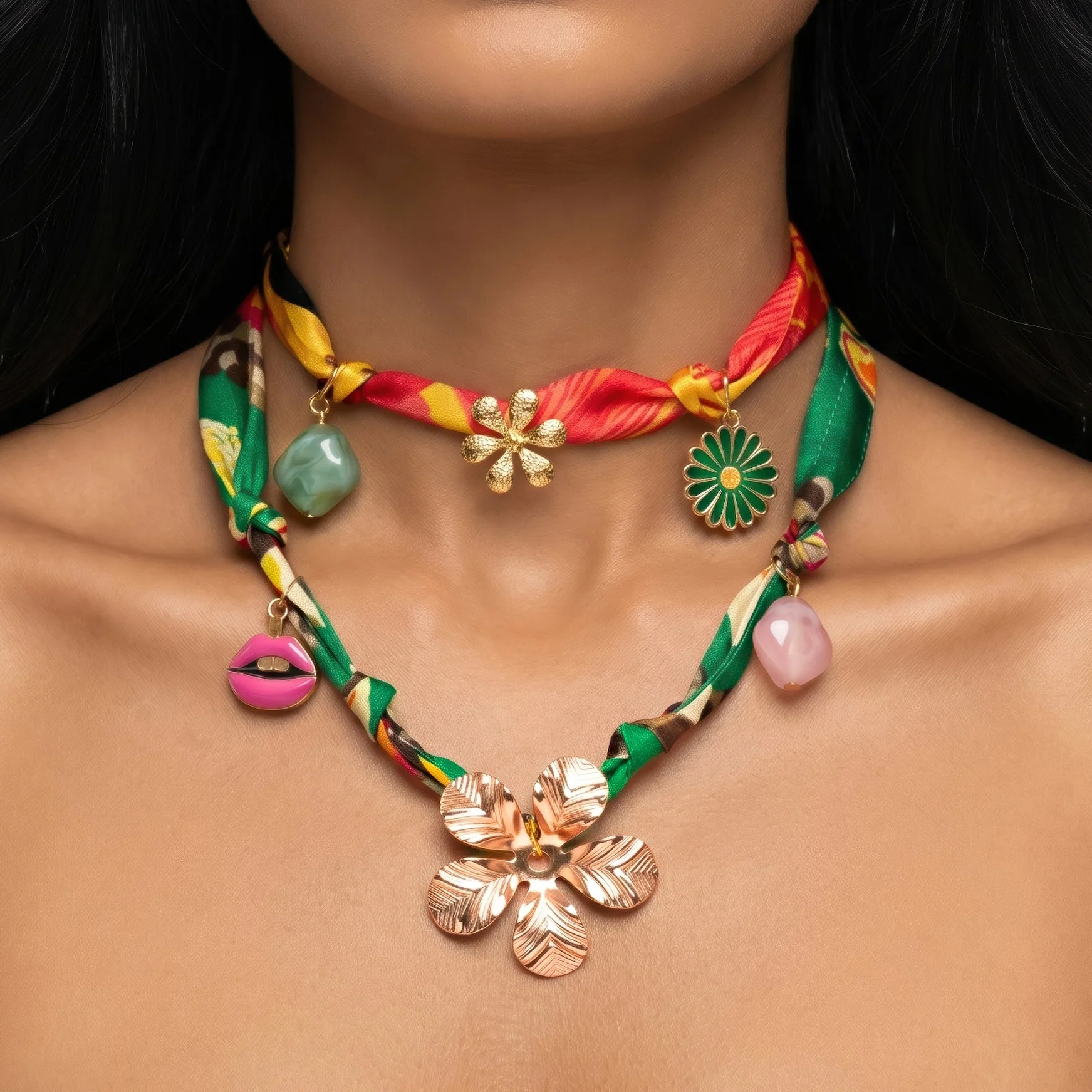 PRAO Necklace Anti-Tarnish Golden Flower Charms Satin Fabric