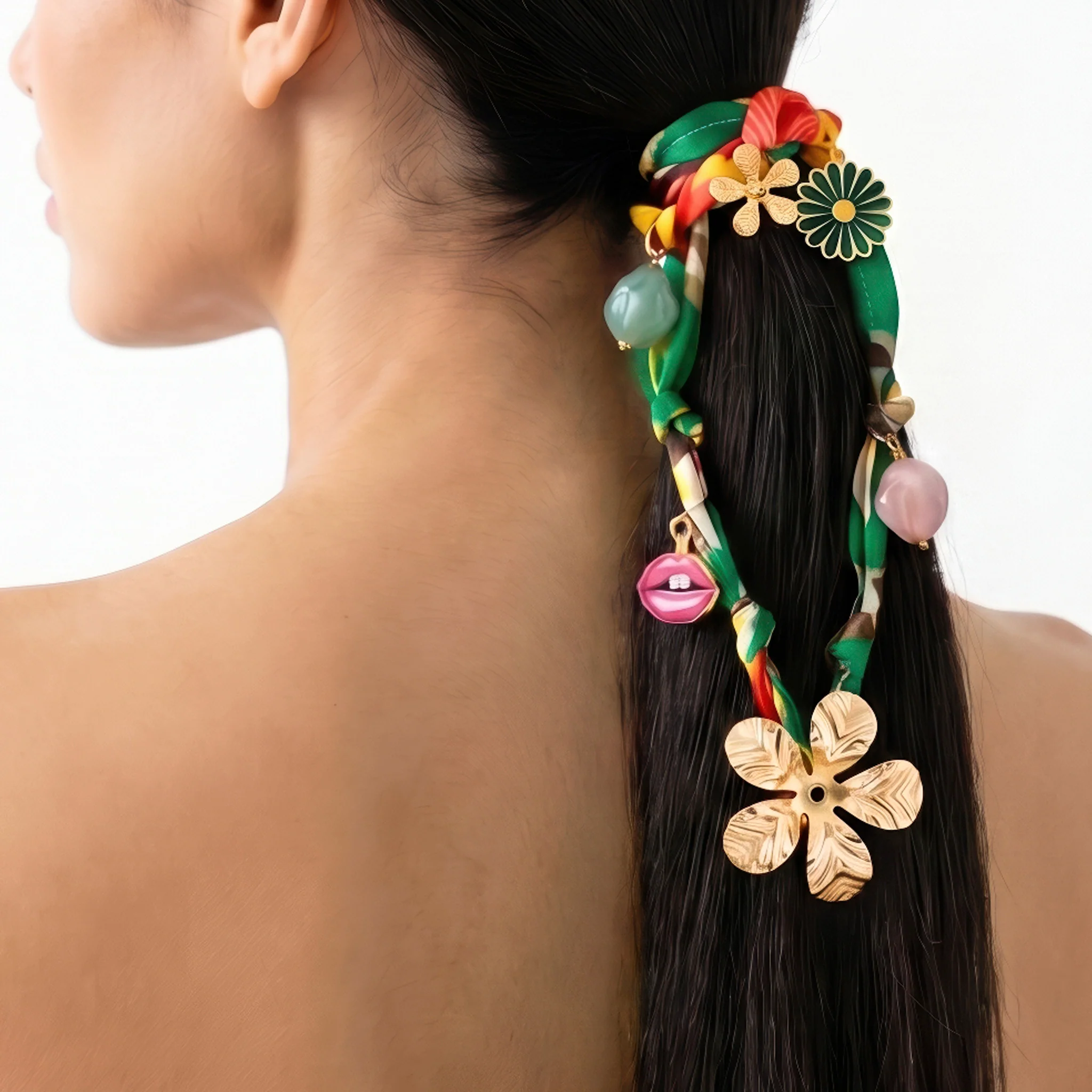 PRAO Necklace Anti-Tarnish Golden Flower Charms Satin Fabric - Image 2