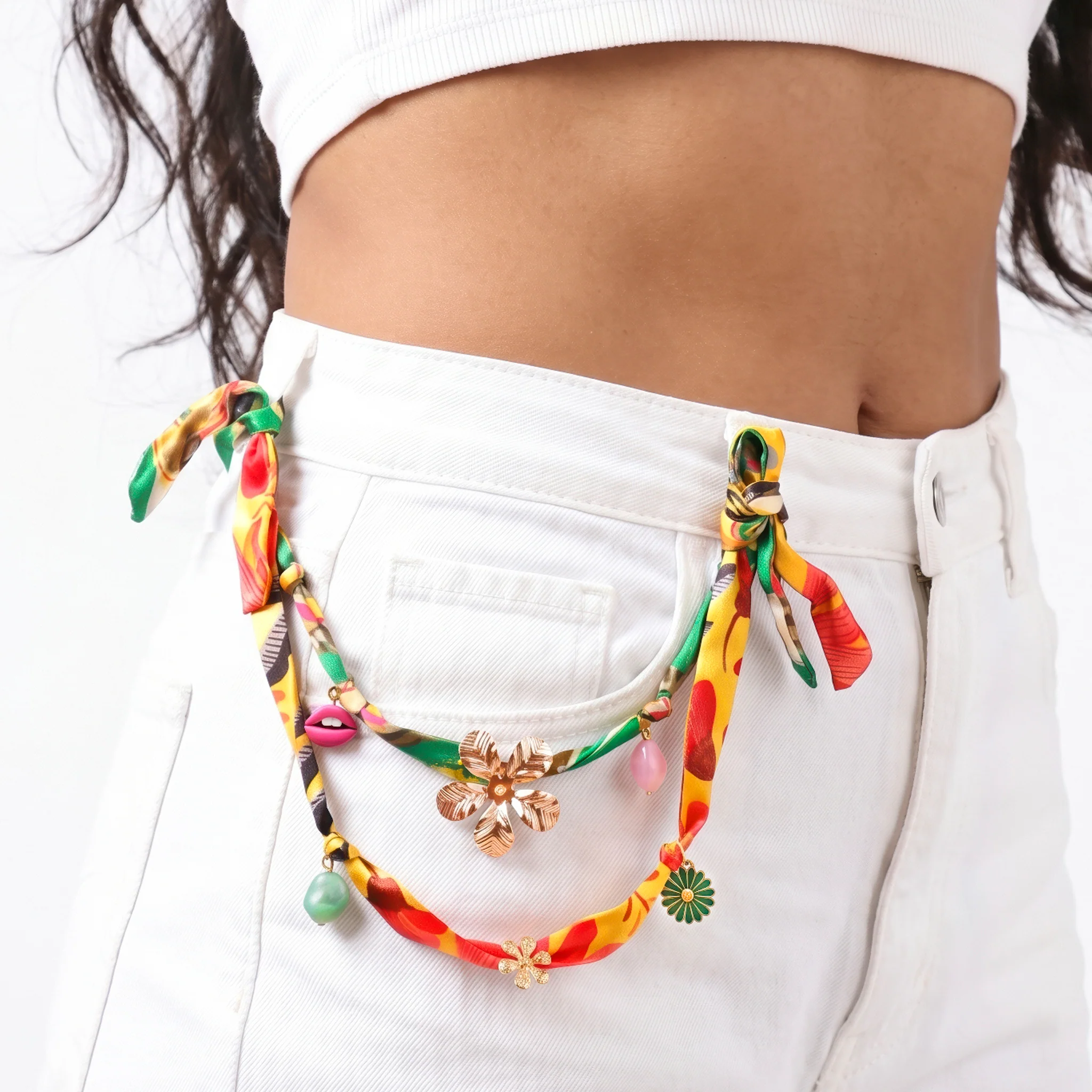 PRAO Necklace Anti-Tarnish Golden Flower Charms Satin Fabric - Image 3