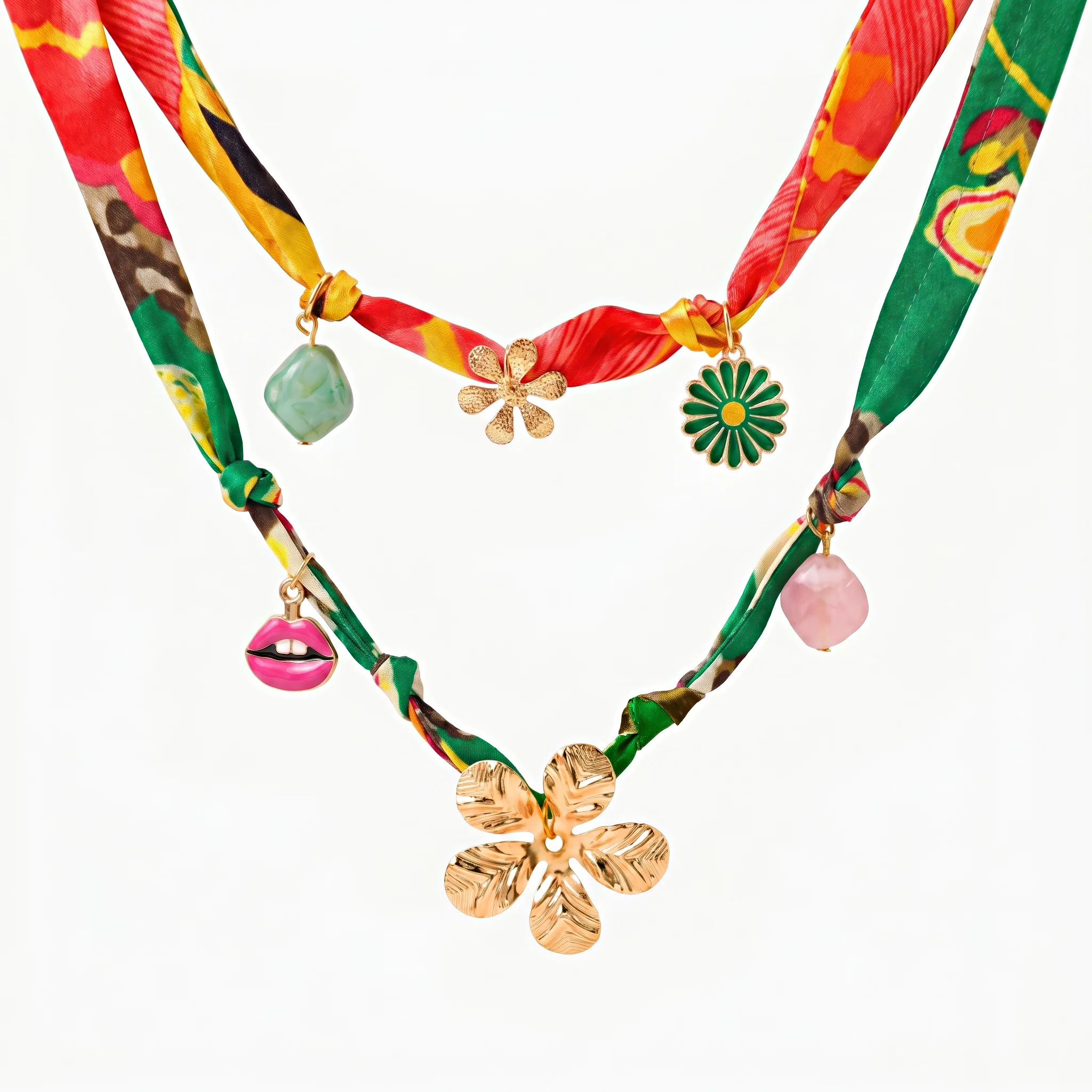 PRAO Necklace Anti-Tarnish Golden Flower Charms Satin Fabric - Image 4
