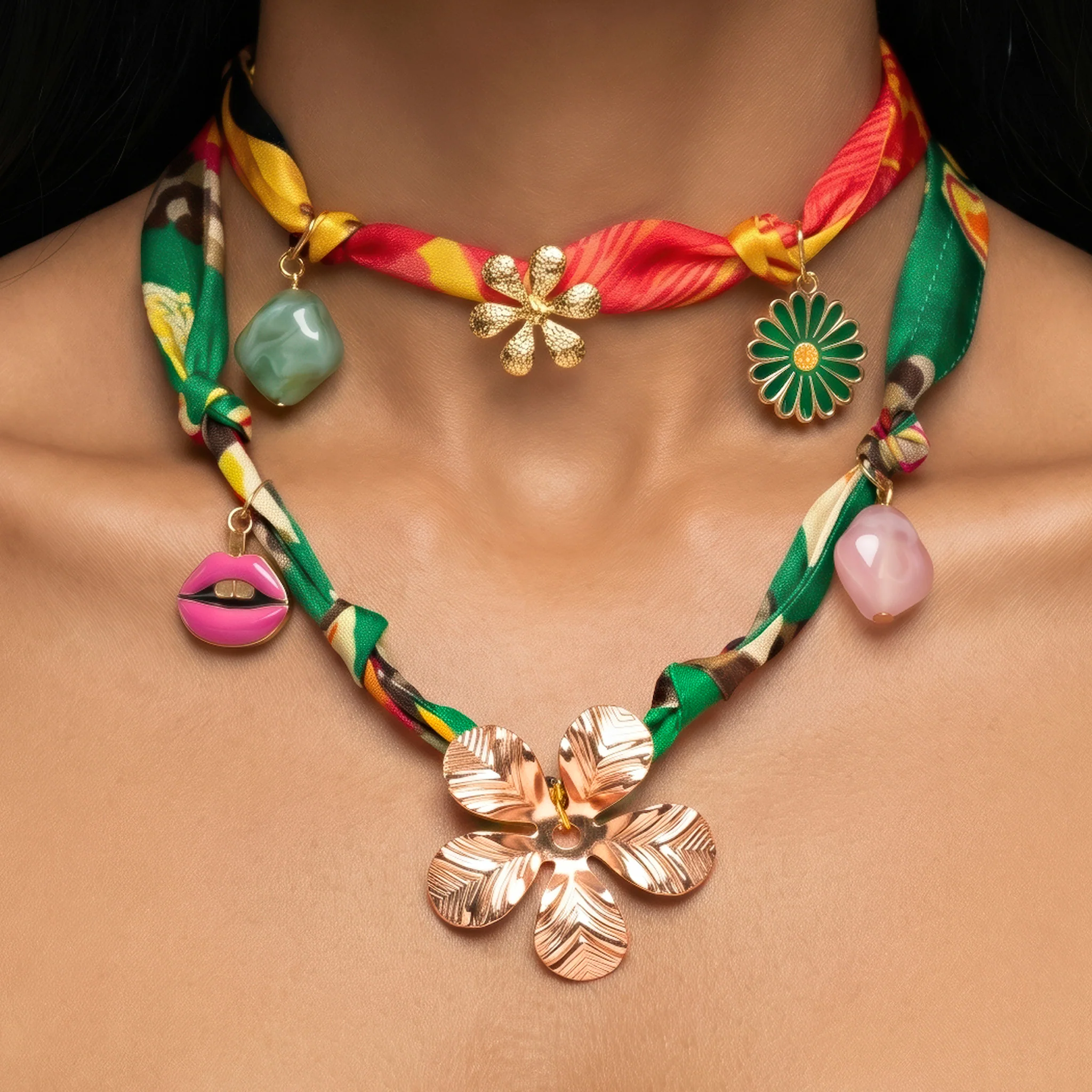 PRAO Necklace Anti-Tarnish Golden Flower Charms Satin Fabric - Image 5