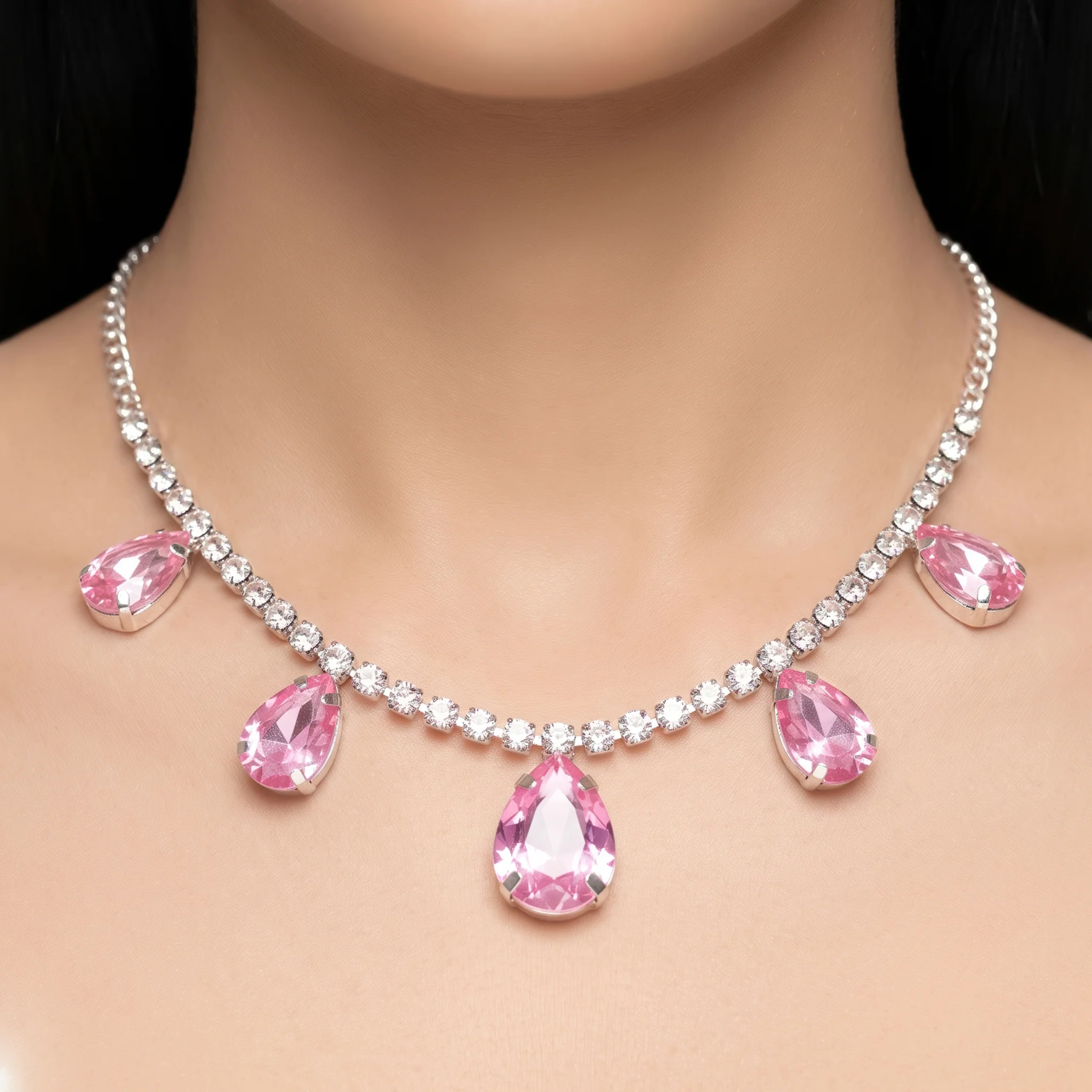 PRAO Necklace Anti-Tarnish Pink Teardrop Charm Chain