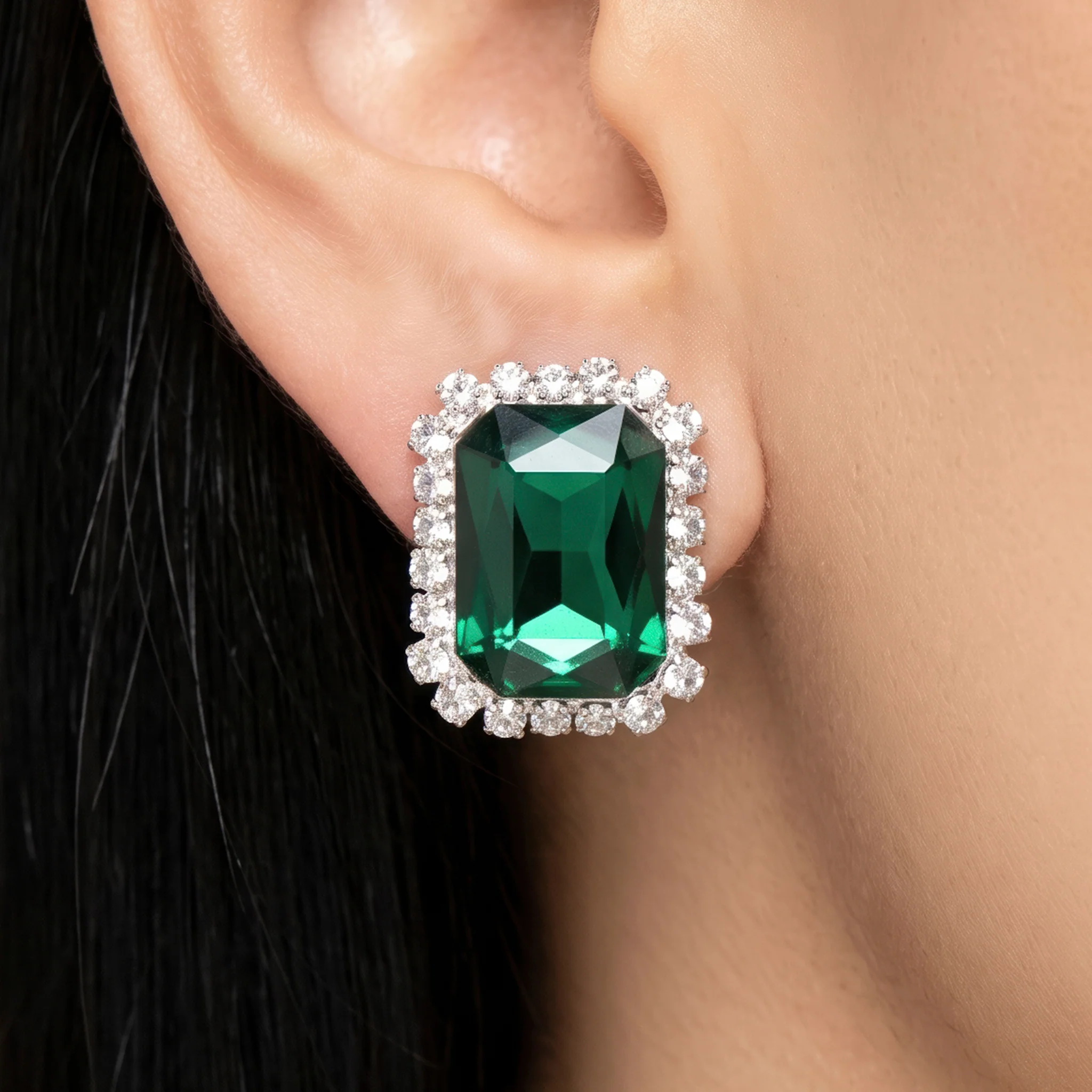 PRAO Earrings Anti-Tarnish Emerald Halo Studs