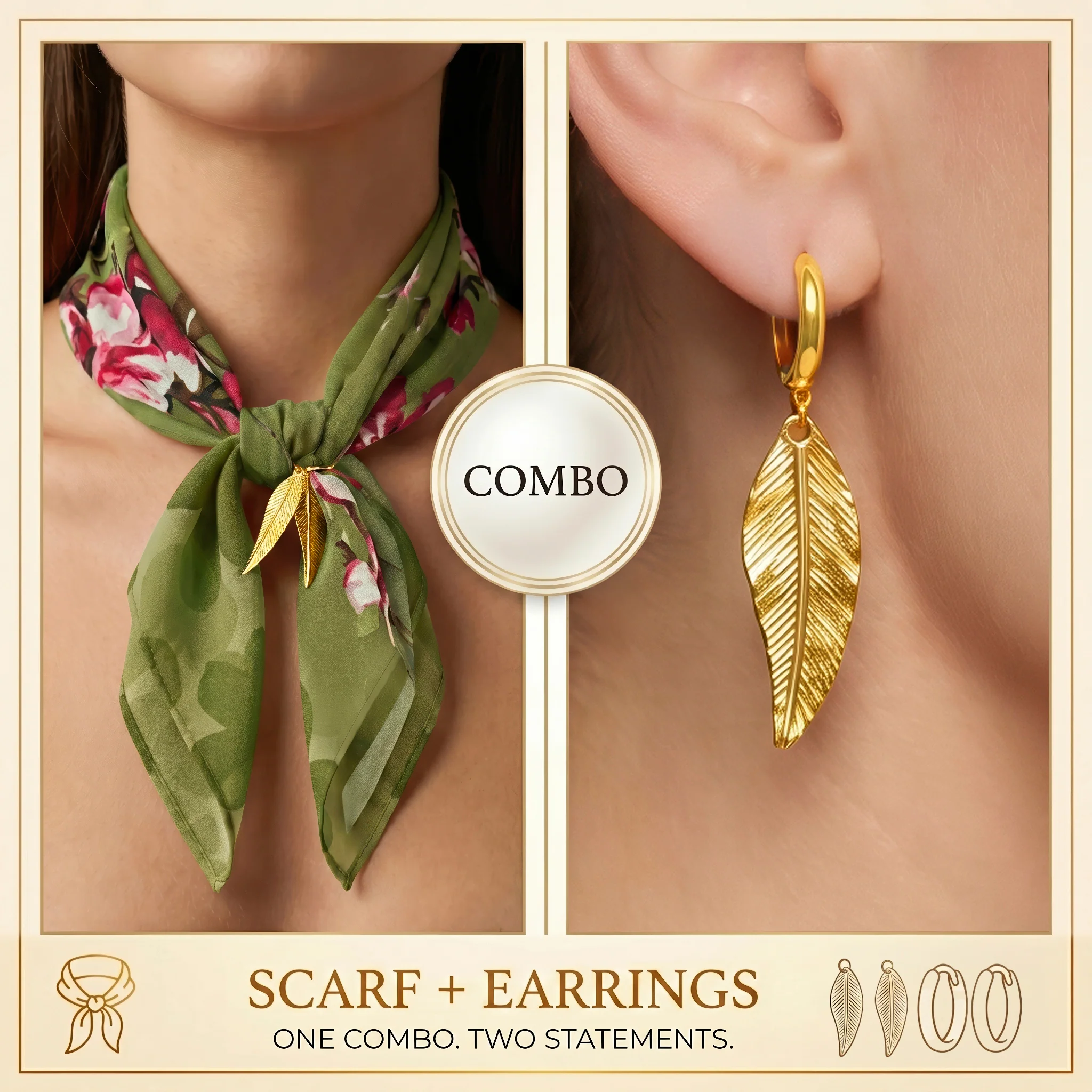 PRAO COMBO ✨ Green Floral Scarf Necklace With Leaf Earrings