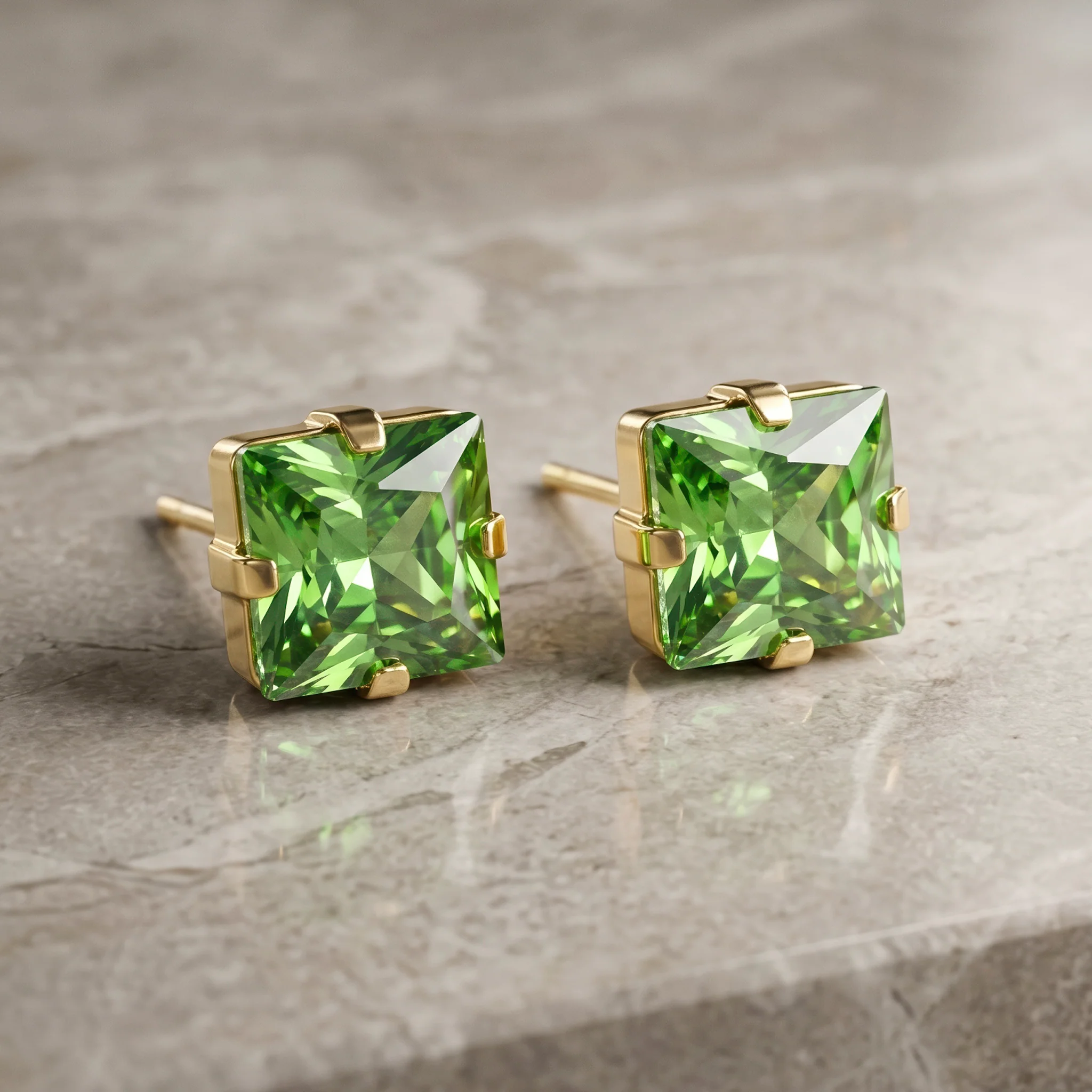 PRAO Earrings Anti-Tarnish Cushion Rhinestone Peridot Studs - Image 4