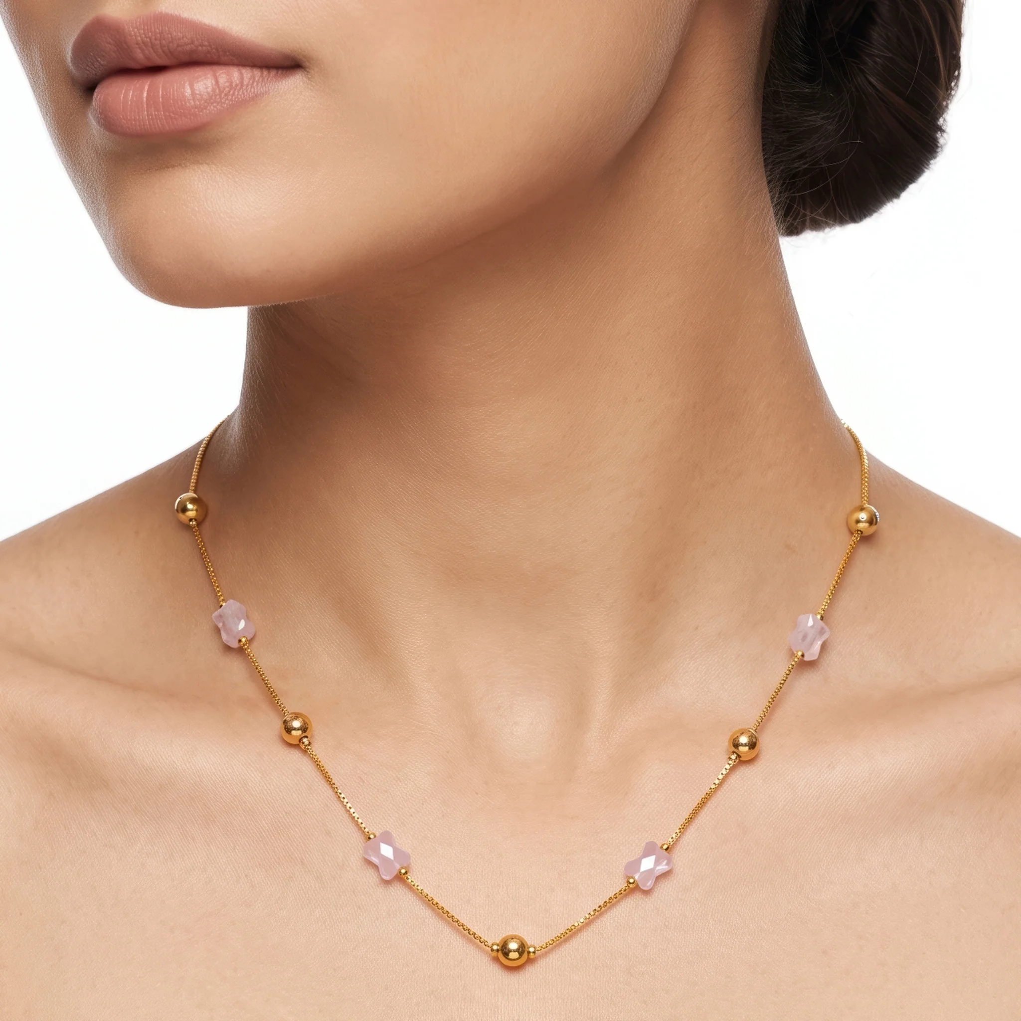 PRAO Necklace Anti-Tarnish Bow Crystal Box Chain
