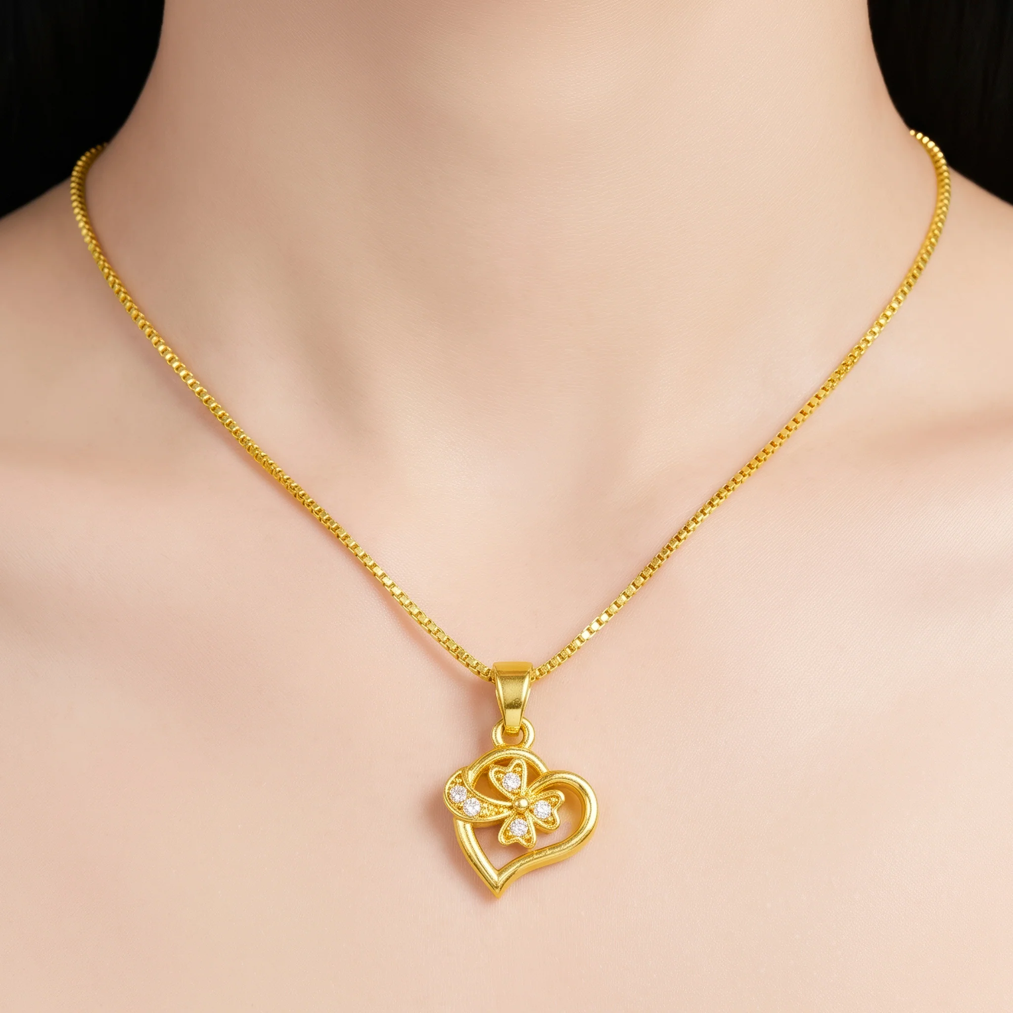 PRAO Necklace Anti-Tarnish Open Heart Clover Chain - Image 2