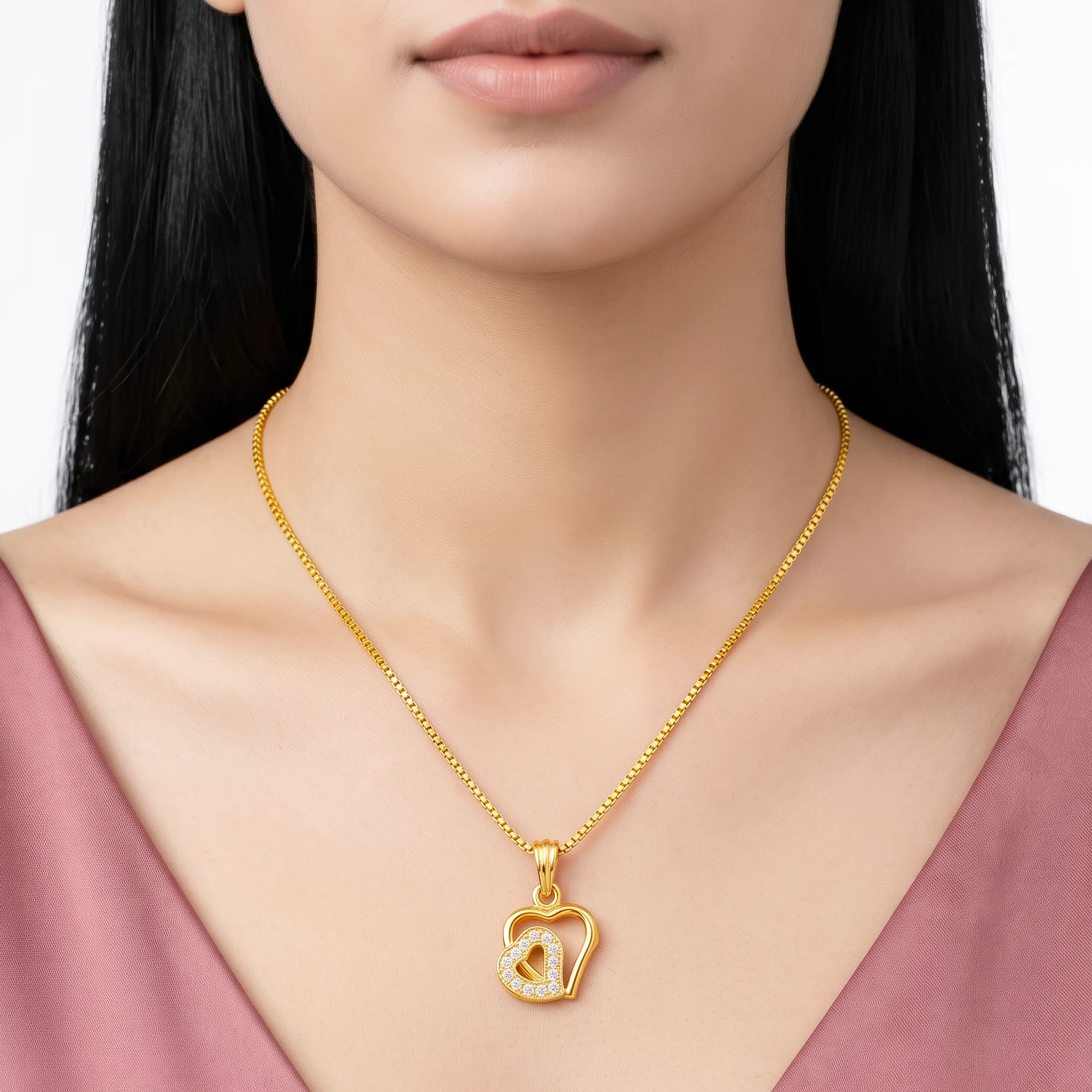 PRAO Necklace Anti-Tarnish Double Heart Chain - Image 2
