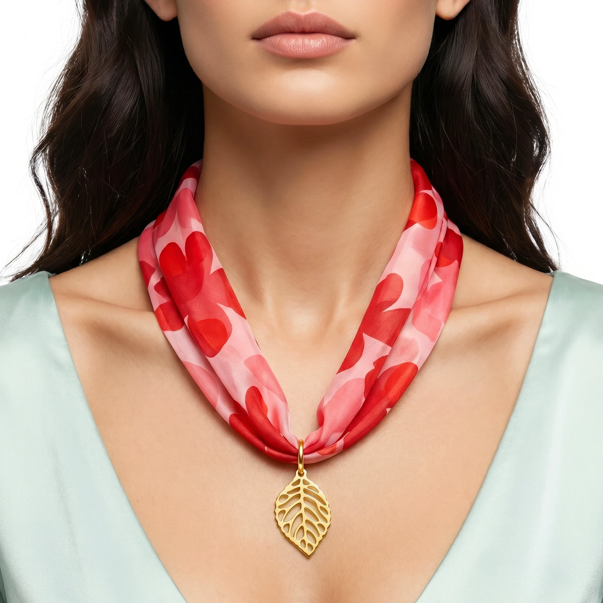 PRAO COMBO ✨ Red Floral Scarf Necklace With Leaf Earrings - Image 2