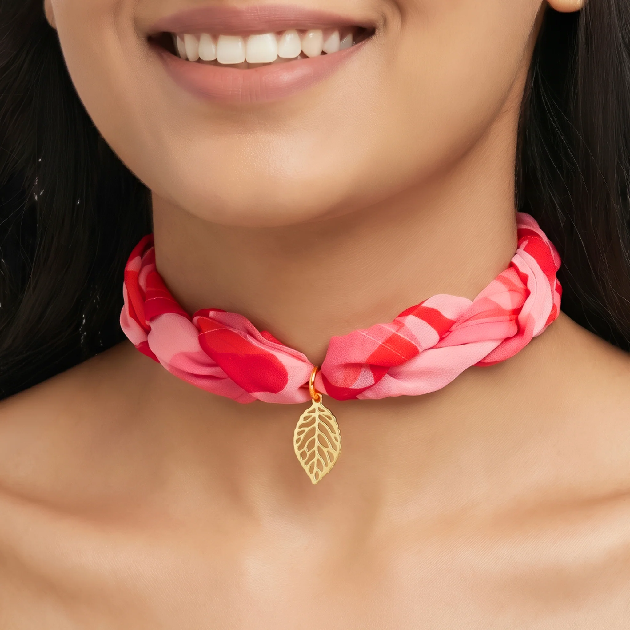 PRAO COMBO ✨ Red Floral Scarf Necklace With Leaf Earrings - Image 5