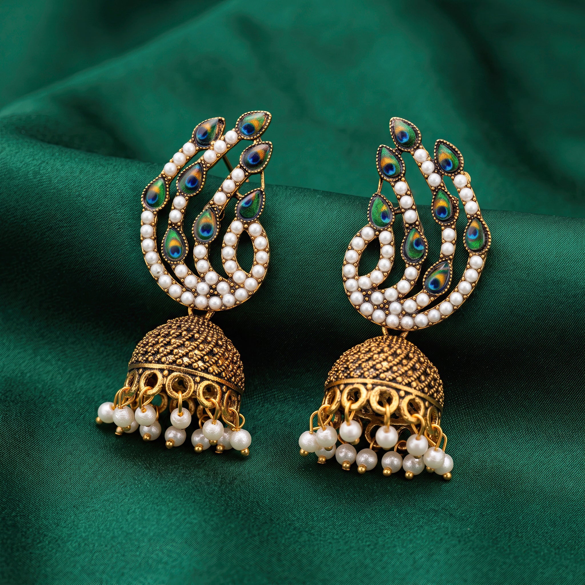 PRAO Earrings Anti-Tarnish Pearl Peacock Jhumka - Image 4