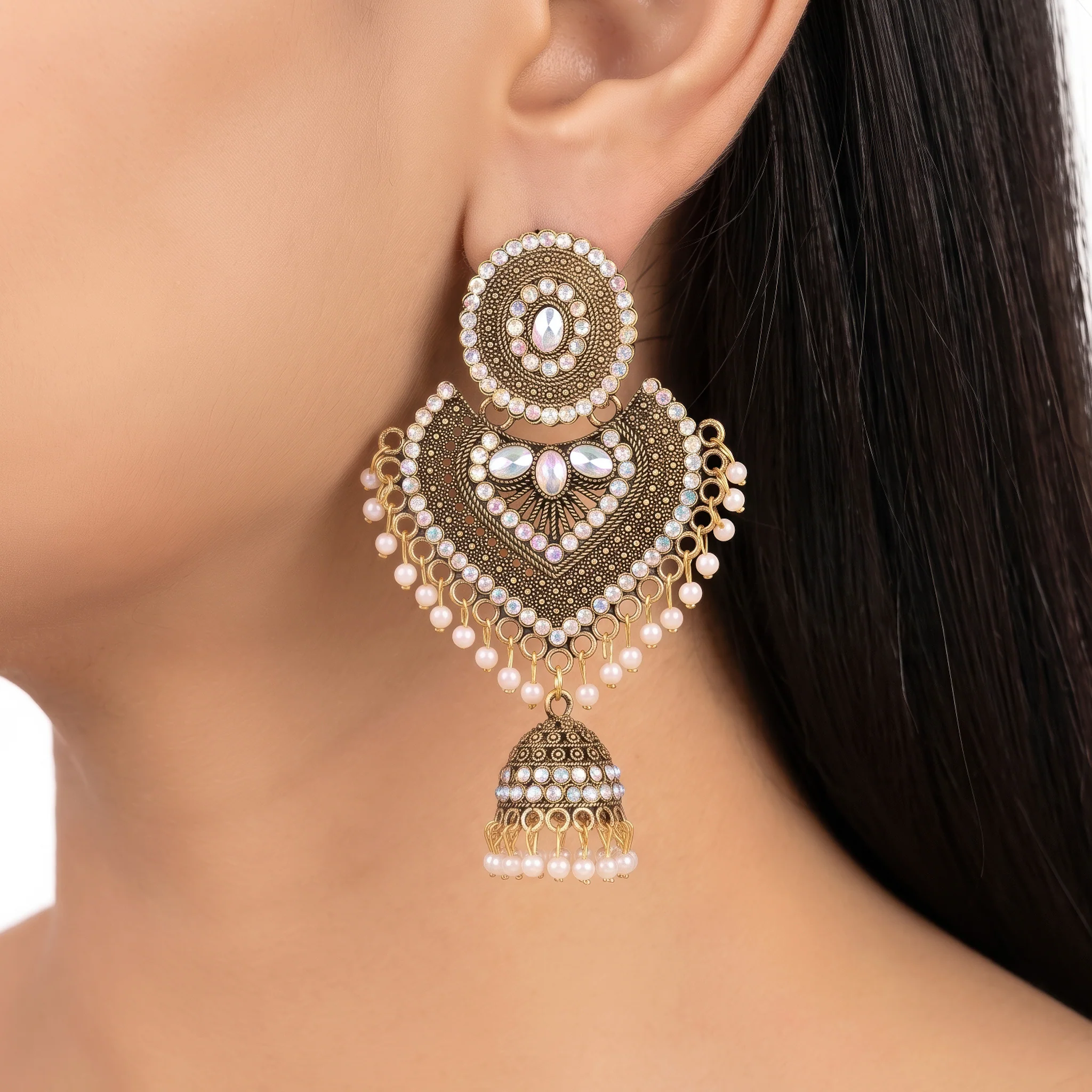 PRAO Earrings Anti-Tarnish Antique Filigree Pearl Jhumka