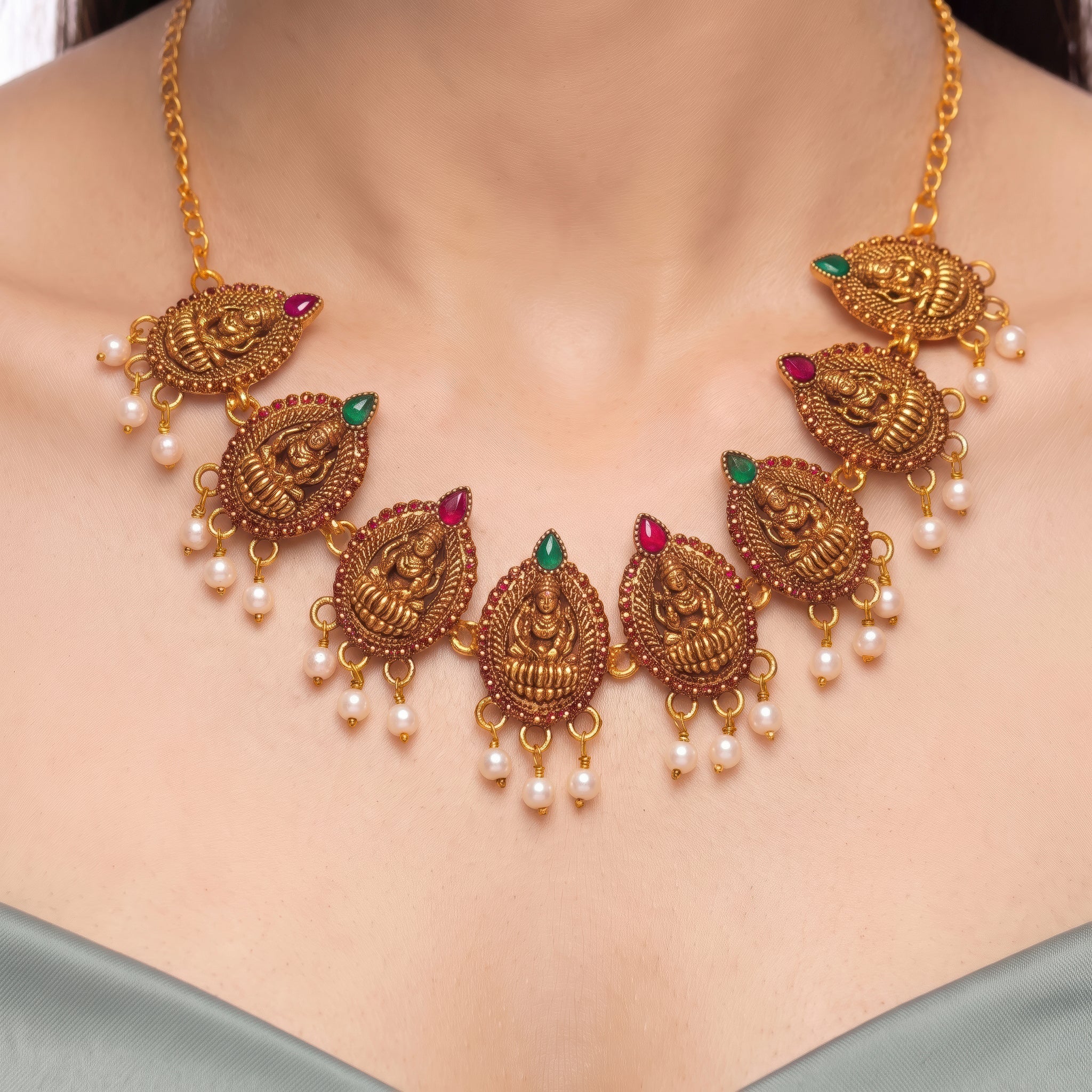 PRAO Necklace Anti-Tarnish Lakshmi Pearl Fringe Design - Image 2