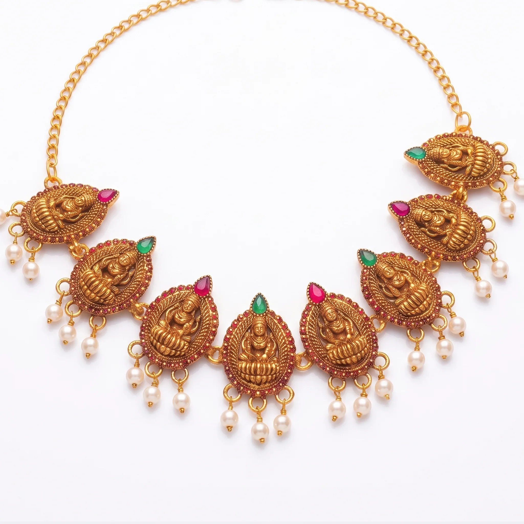 PRAO Necklace Anti-Tarnish Lakshmi Pearl Fringe Design - Image 3