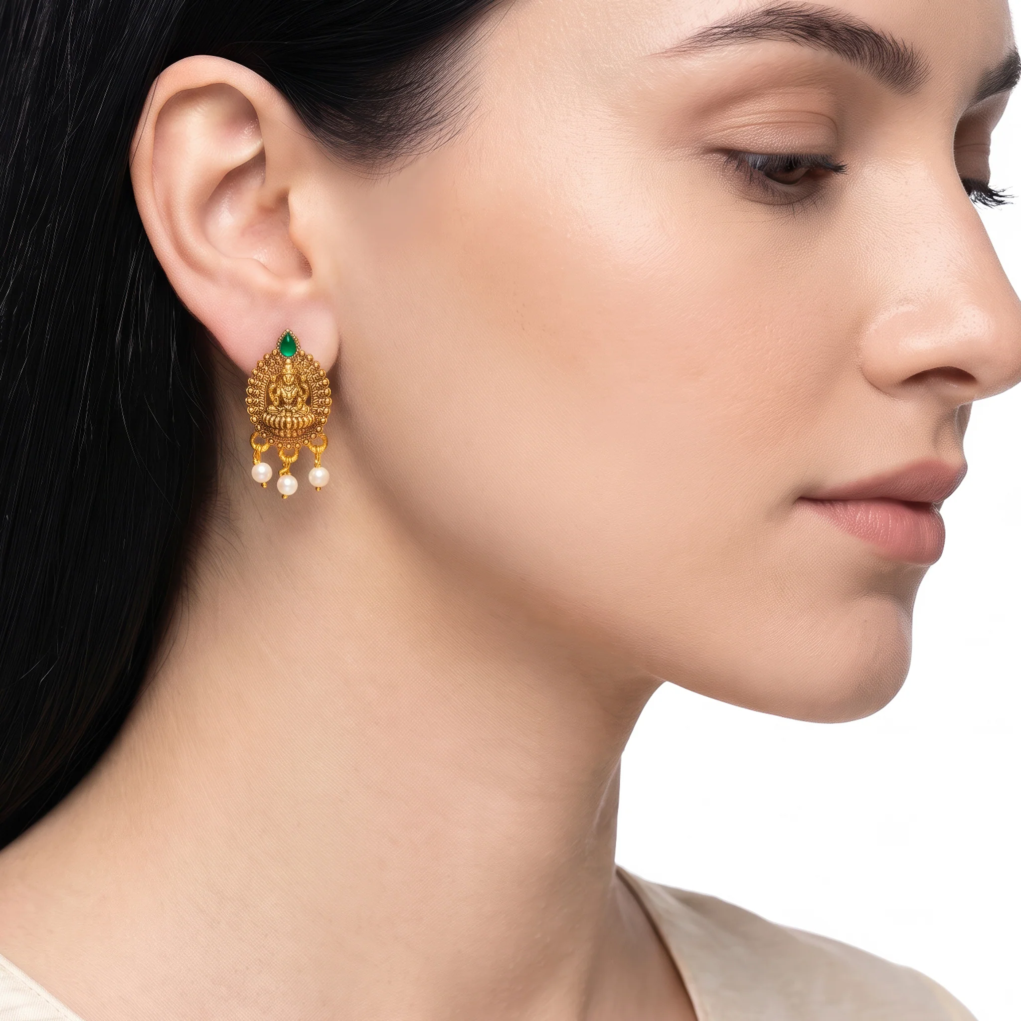 PRAO Earrings Anti-Tarnish Lakshmi Pearl Studs - Image 2
