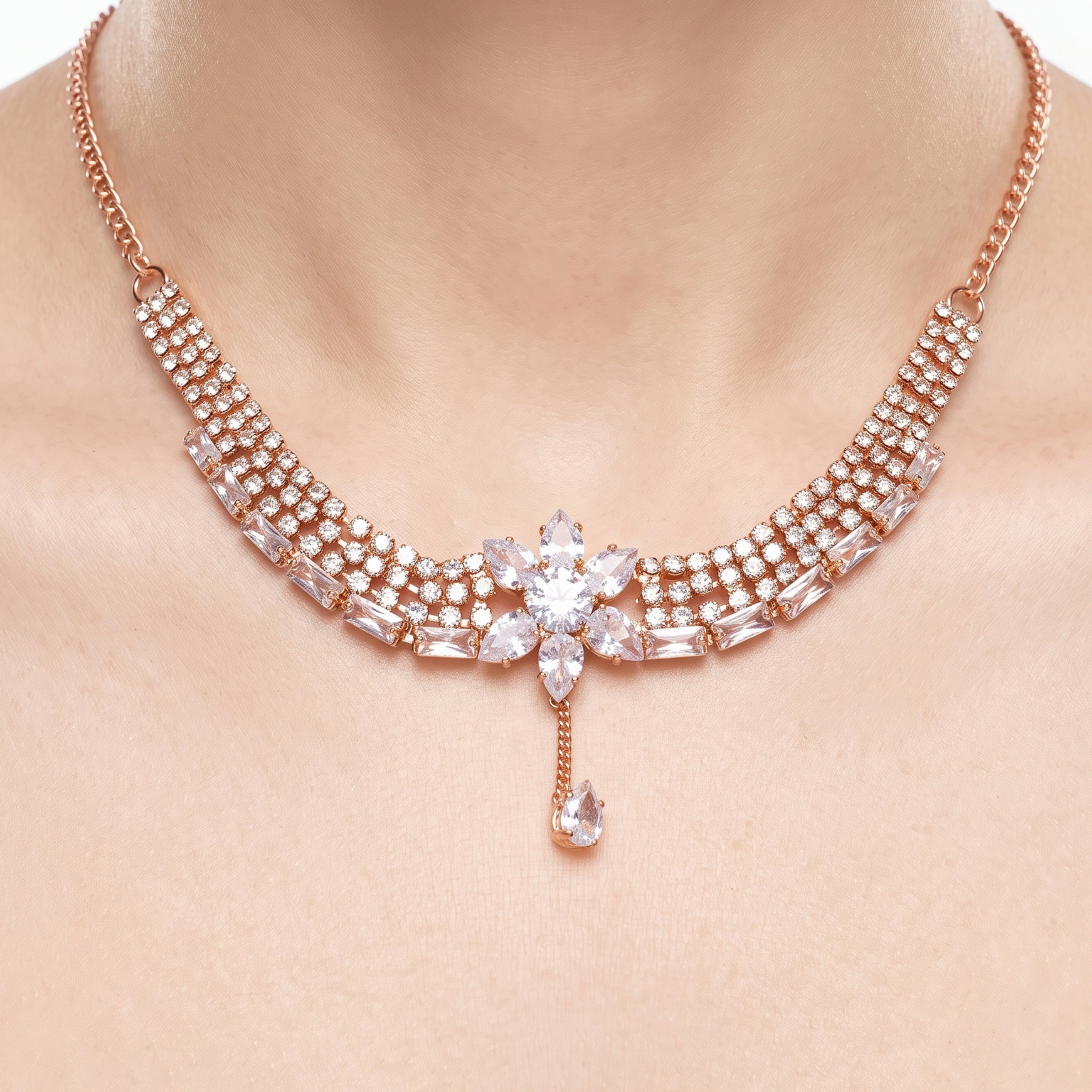 PRAO Necklace Anti-Tarnish Floral Rhinestone Teardrop Design - Image 2