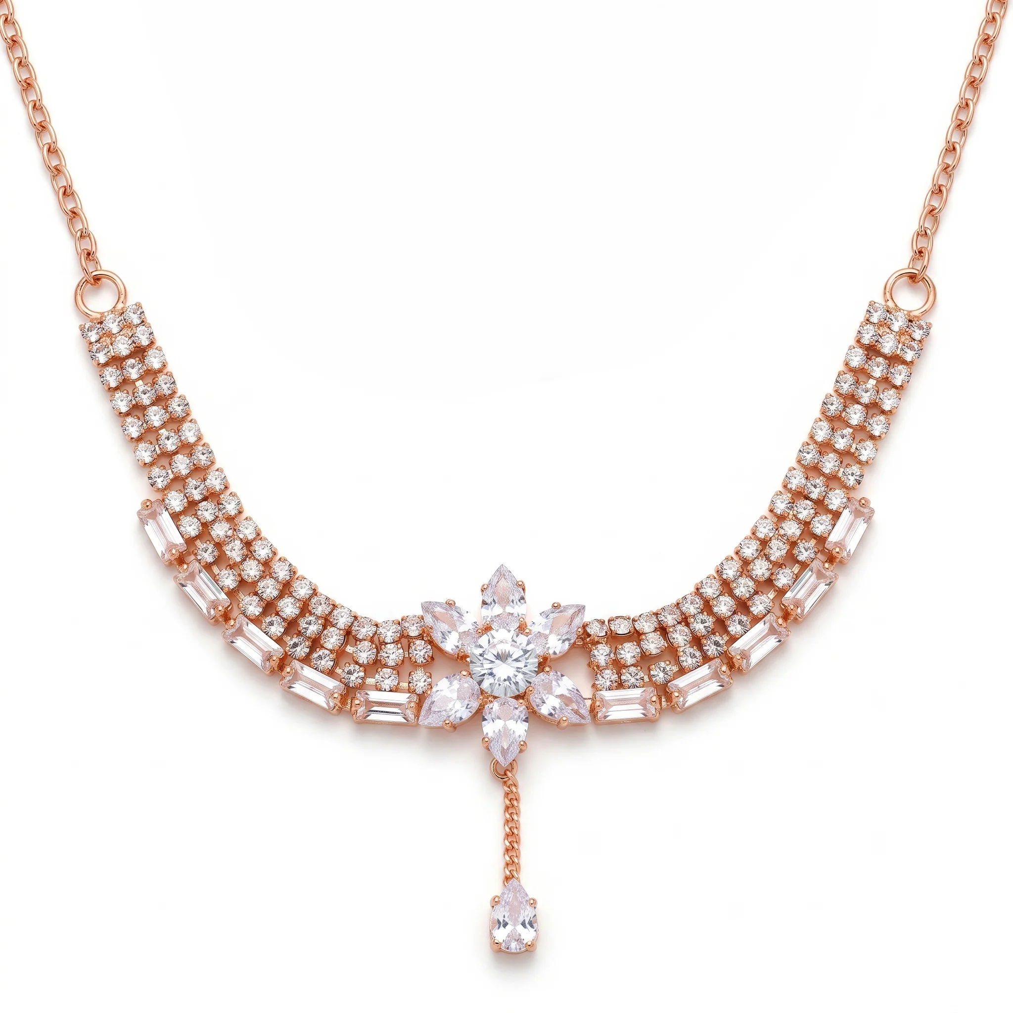 PRAO Necklace Anti-Tarnish Floral Rhinestone Teardrop Design - Image 3