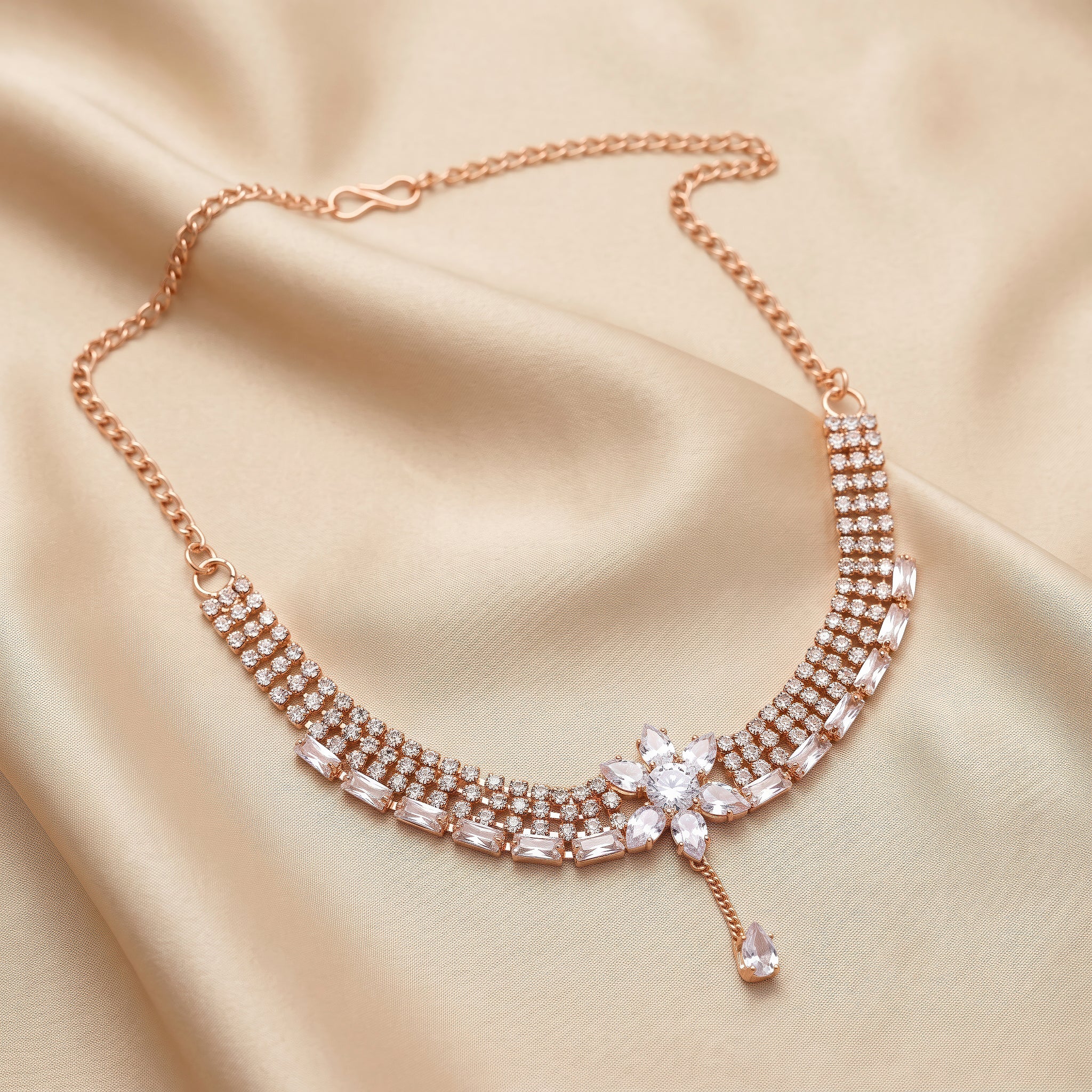 PRAO Necklace Anti-Tarnish Floral Rhinestone Teardrop Design - Image 4