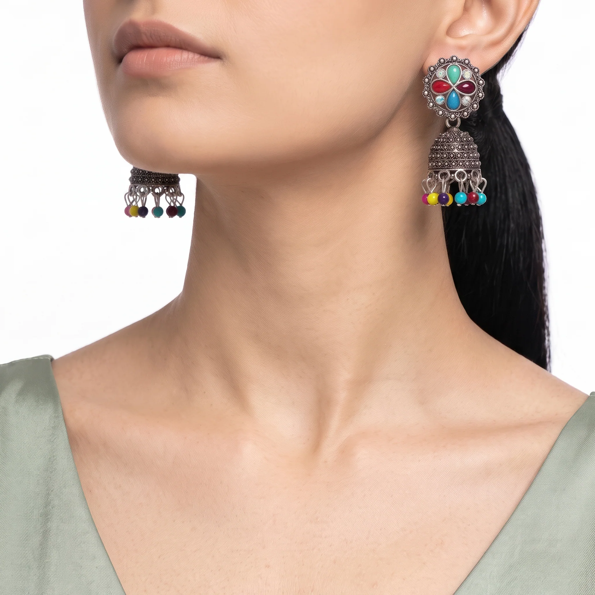 PRAO Earrings Anti-Tarnish Oxidized Multicolor Jhumka - Image 2