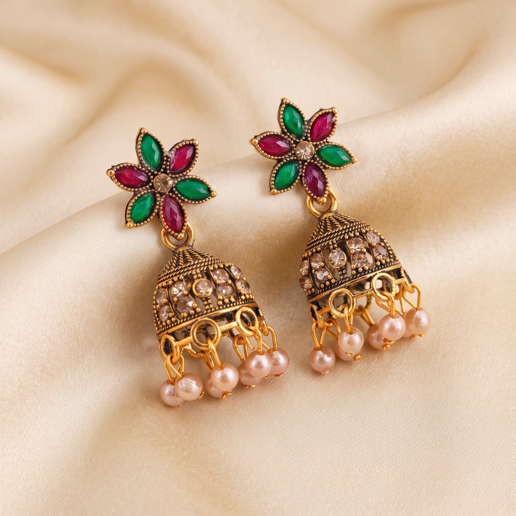 PRAO Earrings Anti-Tarnish Antique Floral Pearl Jhumka - Image 4