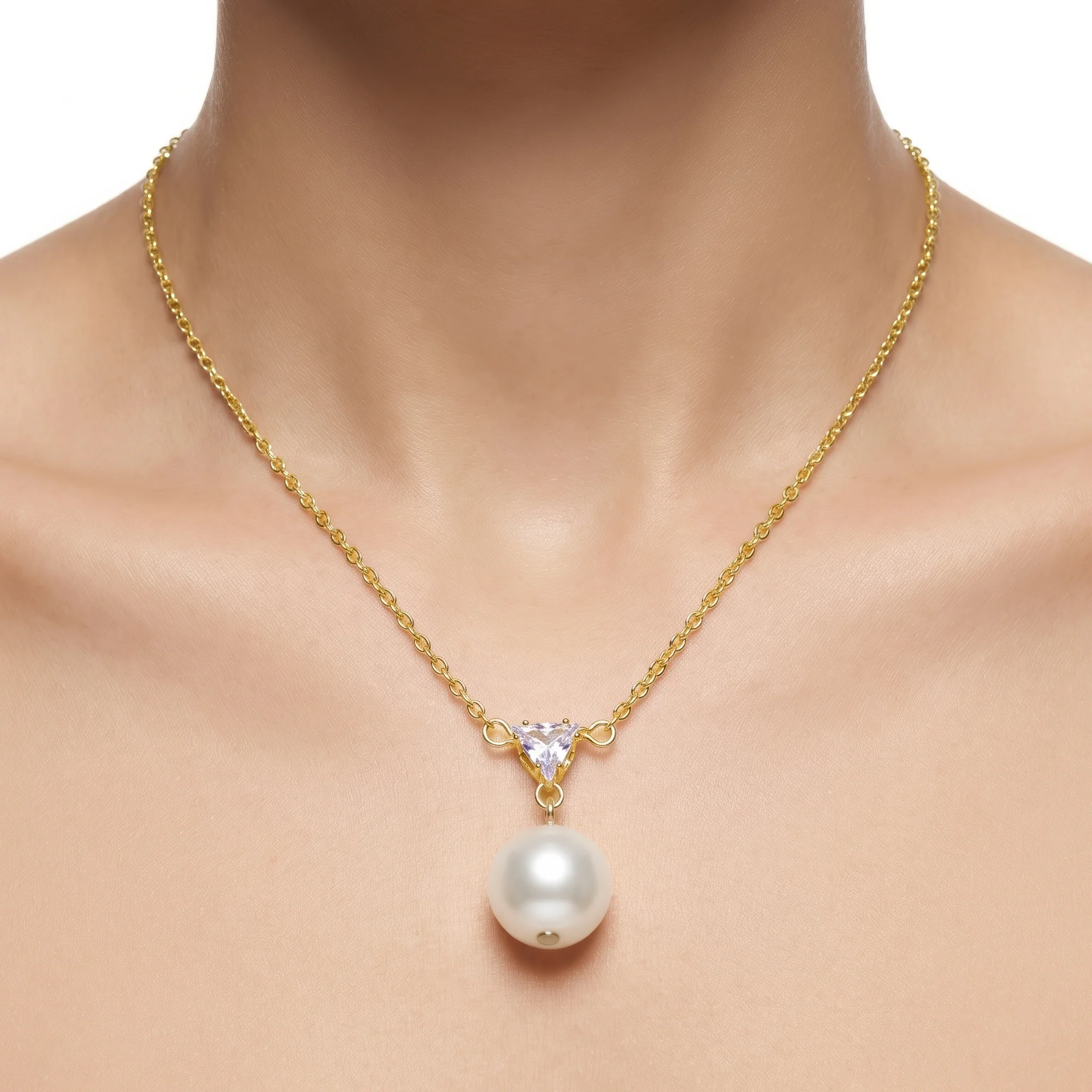 PRAO Necklace Anti-Tarnish Trillion Crystal & Pearl Pendant - Image 2
