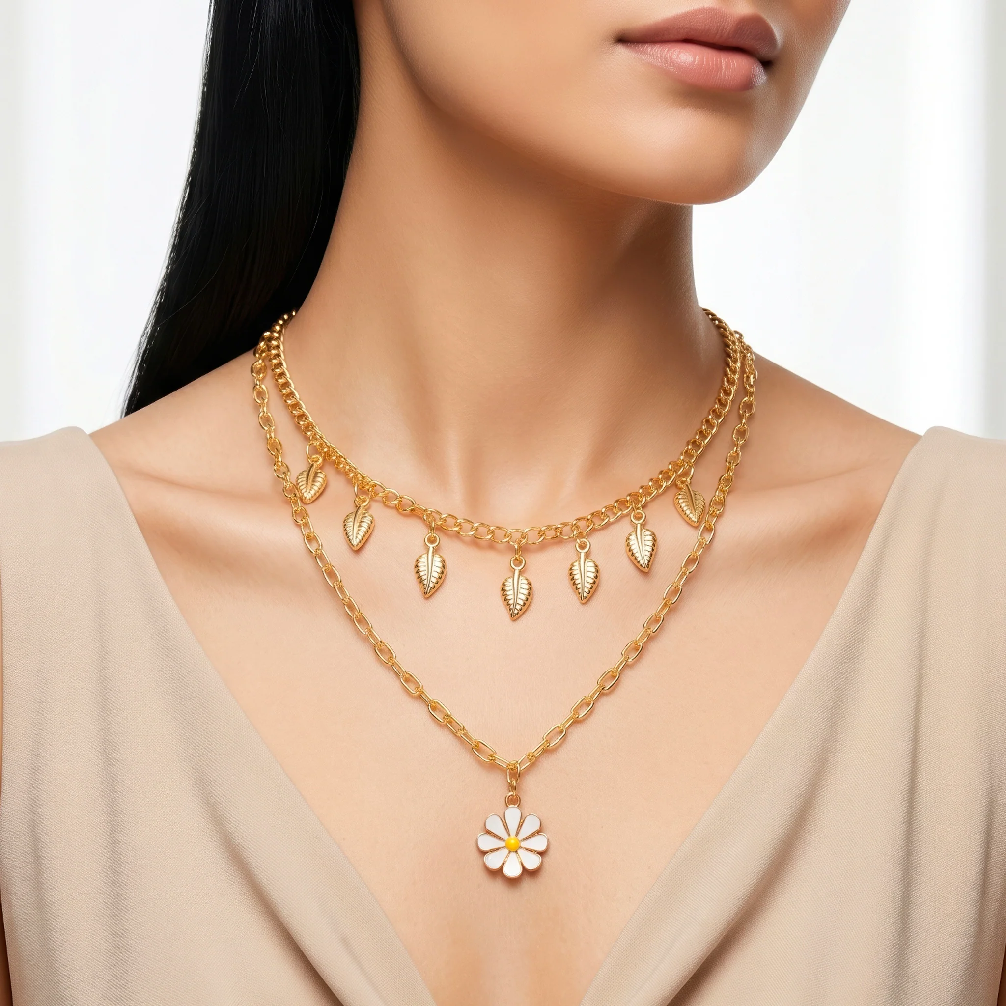PRAO Necklace Anti-Tarnish Daisy Charm Double-Layer Chain