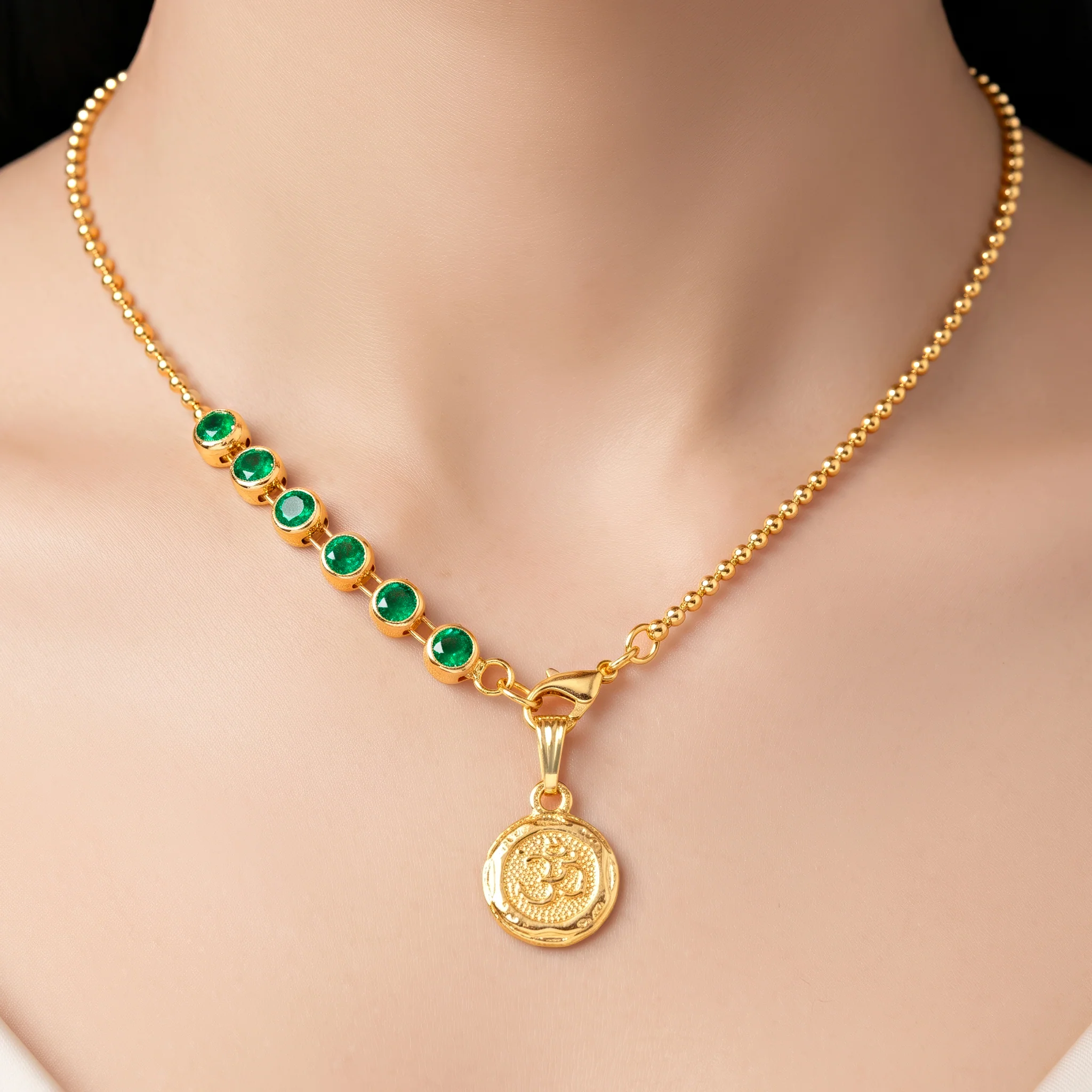 PRAO Necklace Anti-Tarnish Om Emerald Gemstone Chain - Image 2