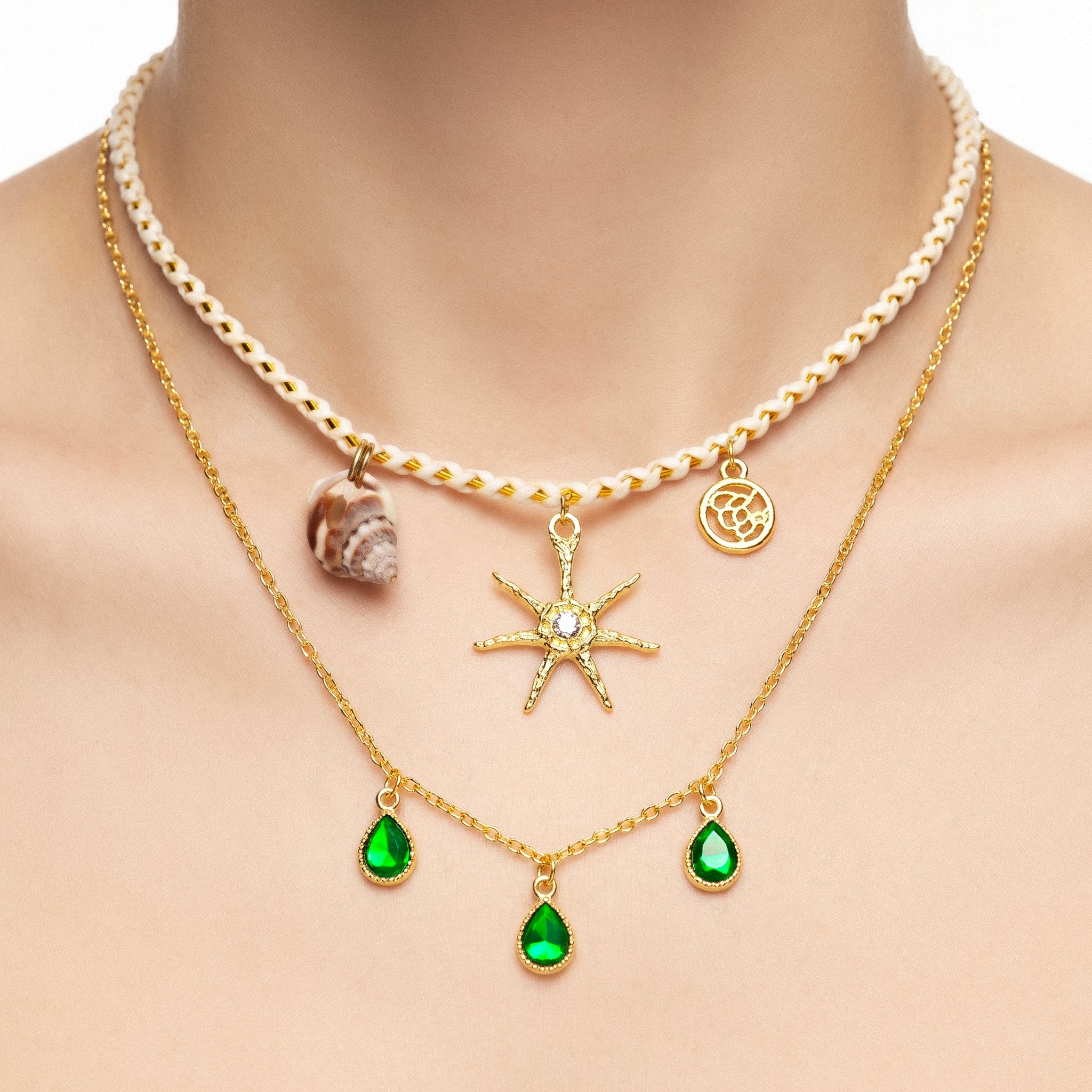 PRAO Necklace Anti-Tarnish Sunburst Charm & Green Gemstone Layered Chain - Image 2