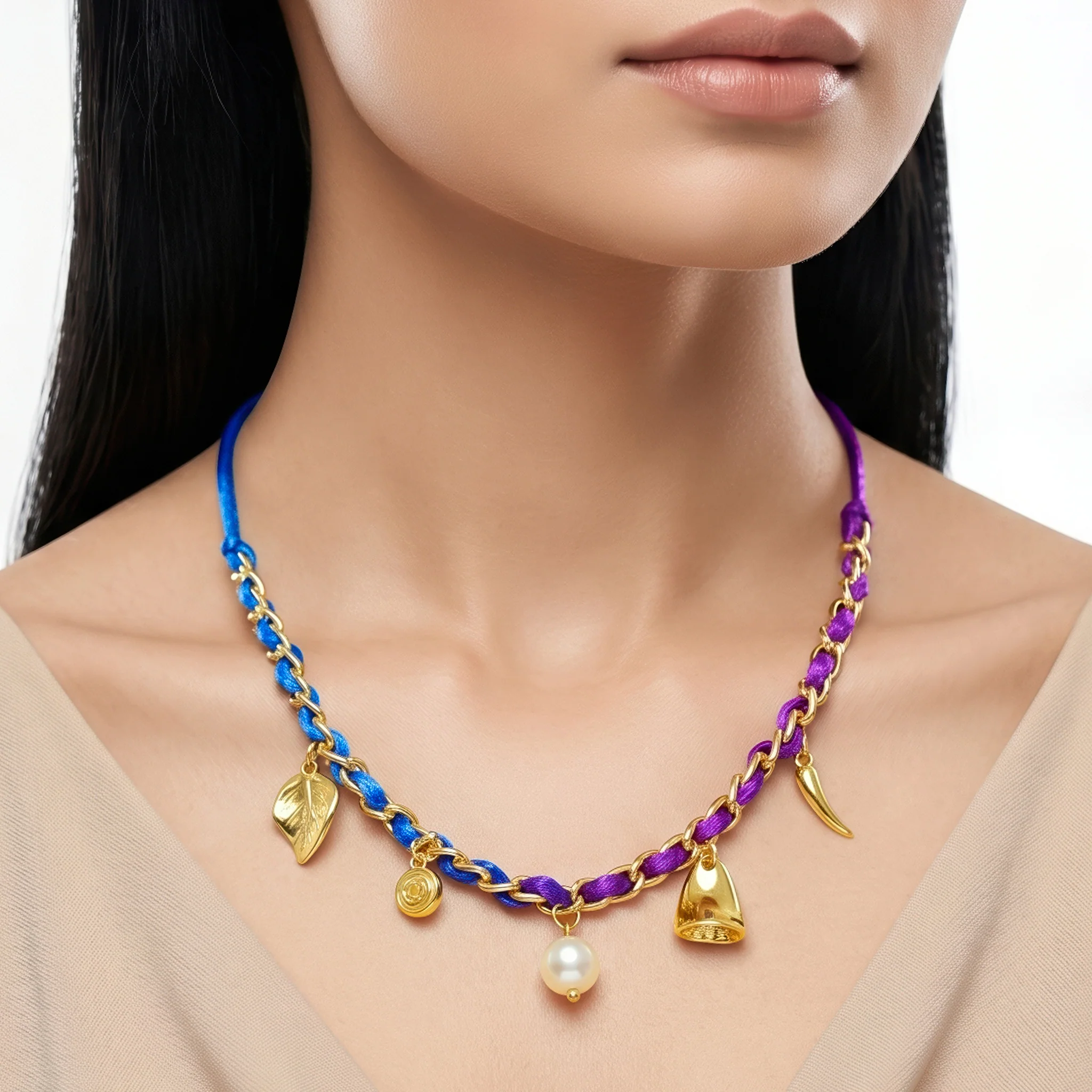 PRAO Necklace Anti-Tarnish Mixed Charms Ribbon - Image 2
