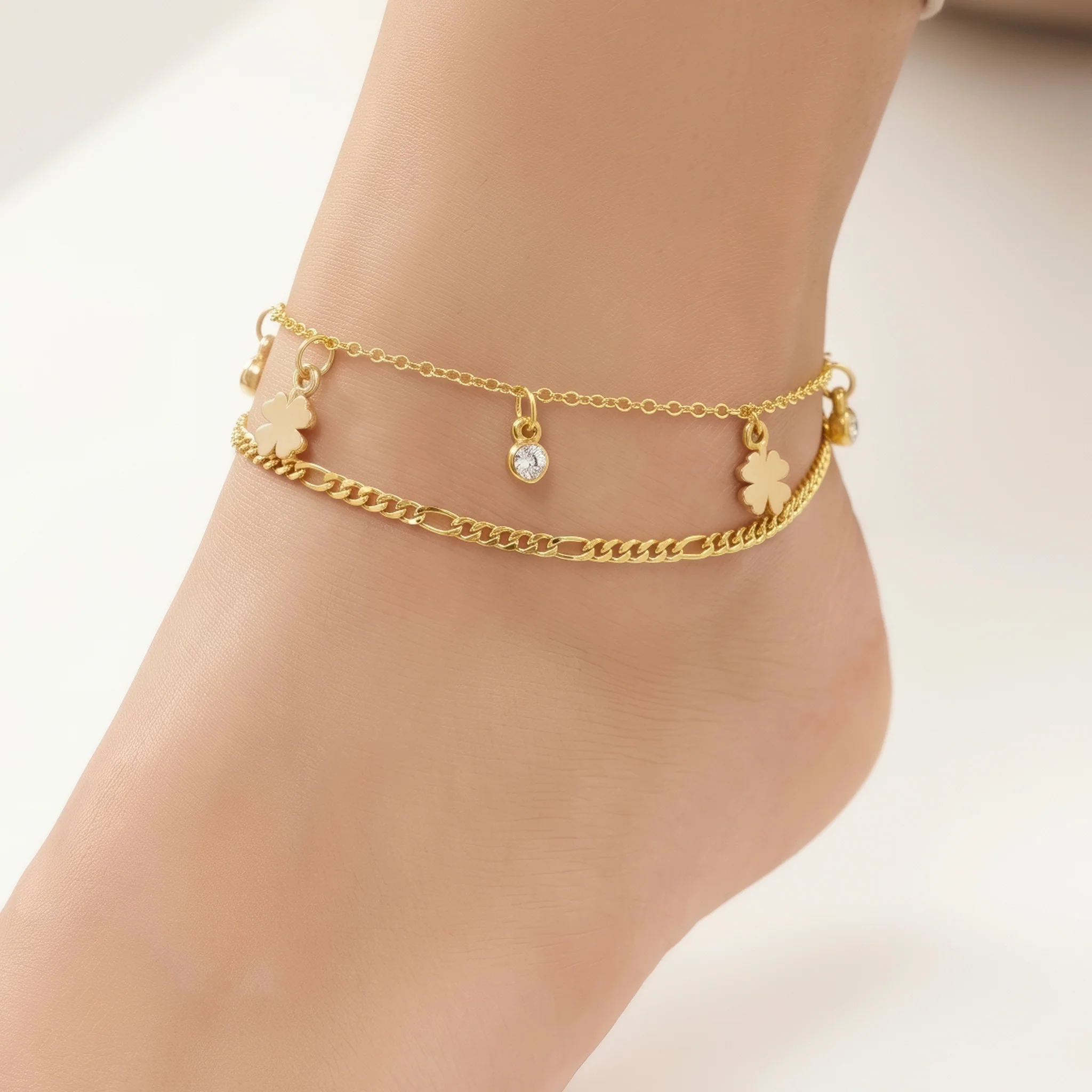 PRAO Anklet Anti-Tarnish Clover Charm Double-Strand Chain - Image 3