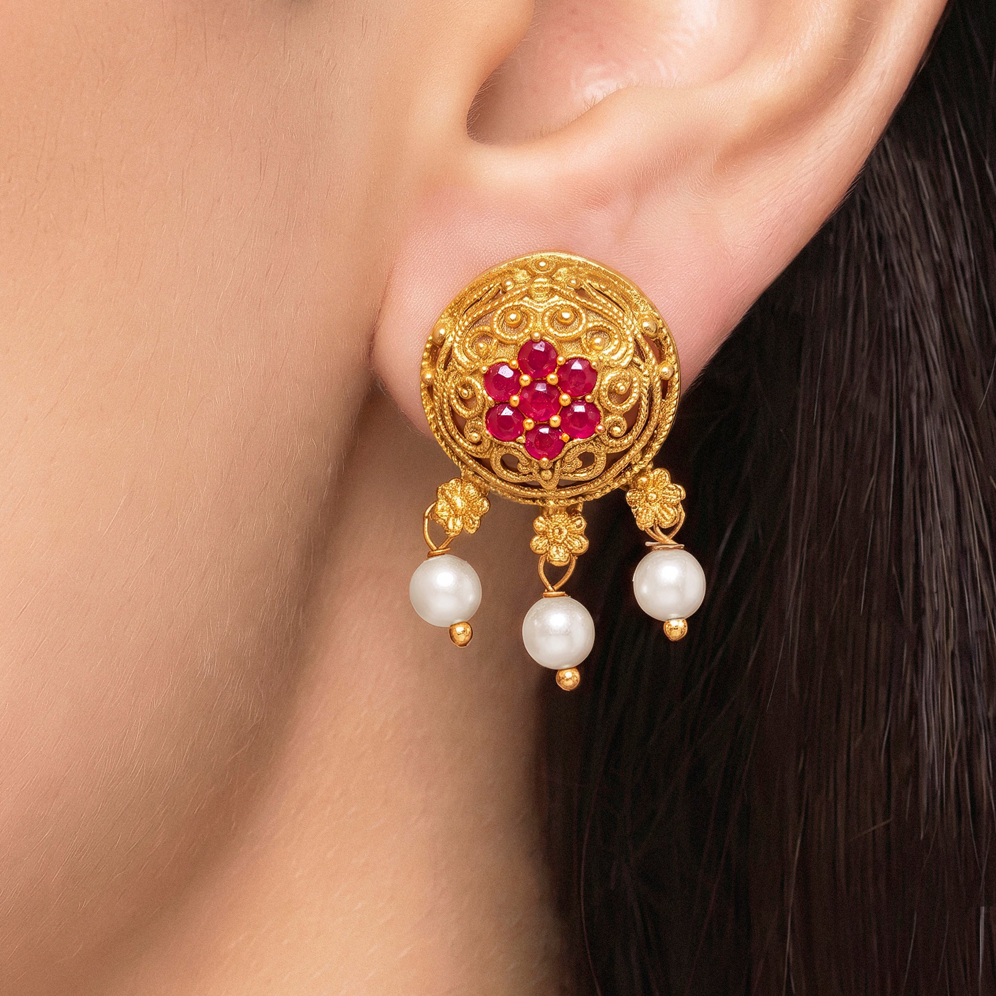 PRAO Earrings Anti-Tarnish Filigree Pearl Dangles - Image 2