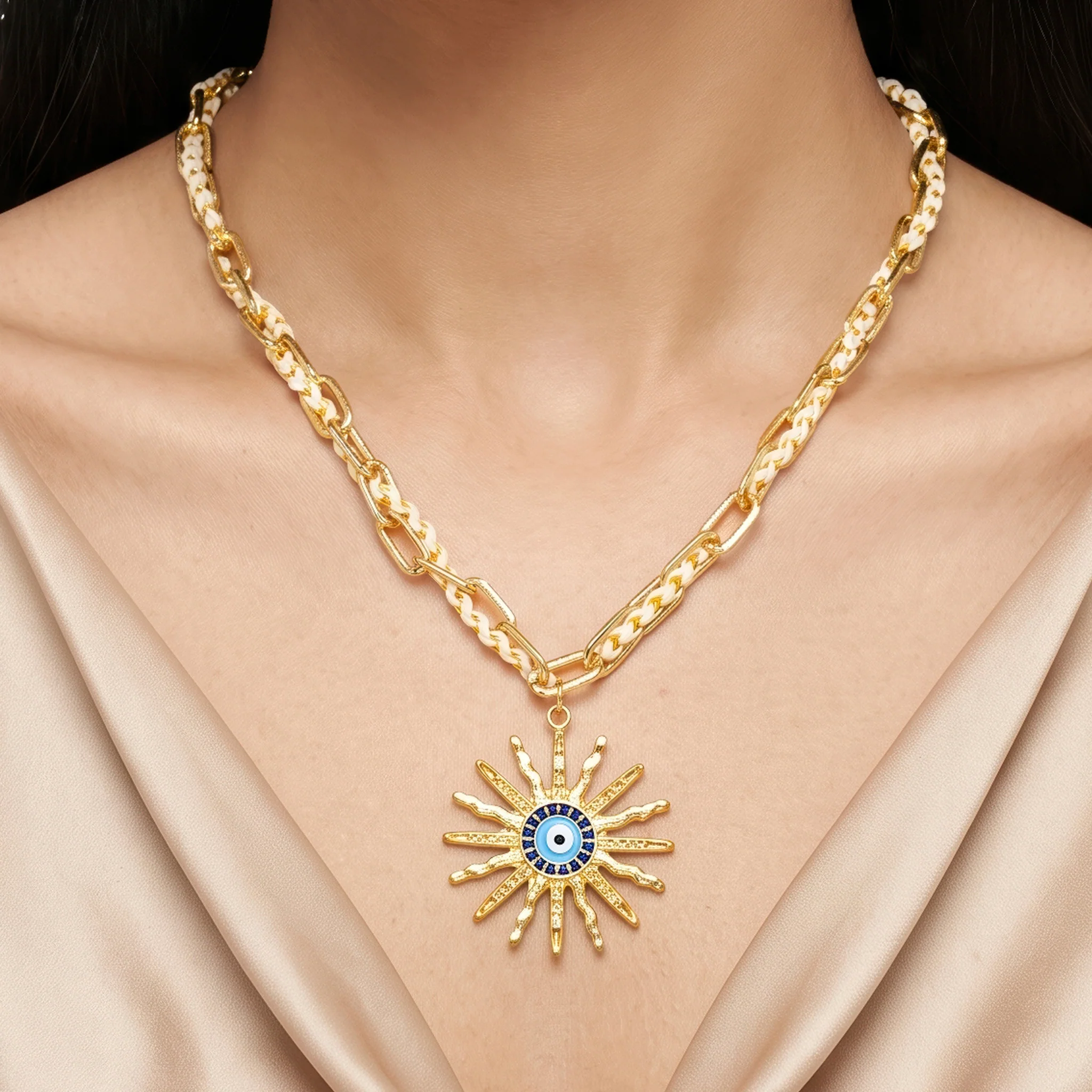 PRAO Necklace Anti-Tarnish Sunburst Evil Eye Chain
