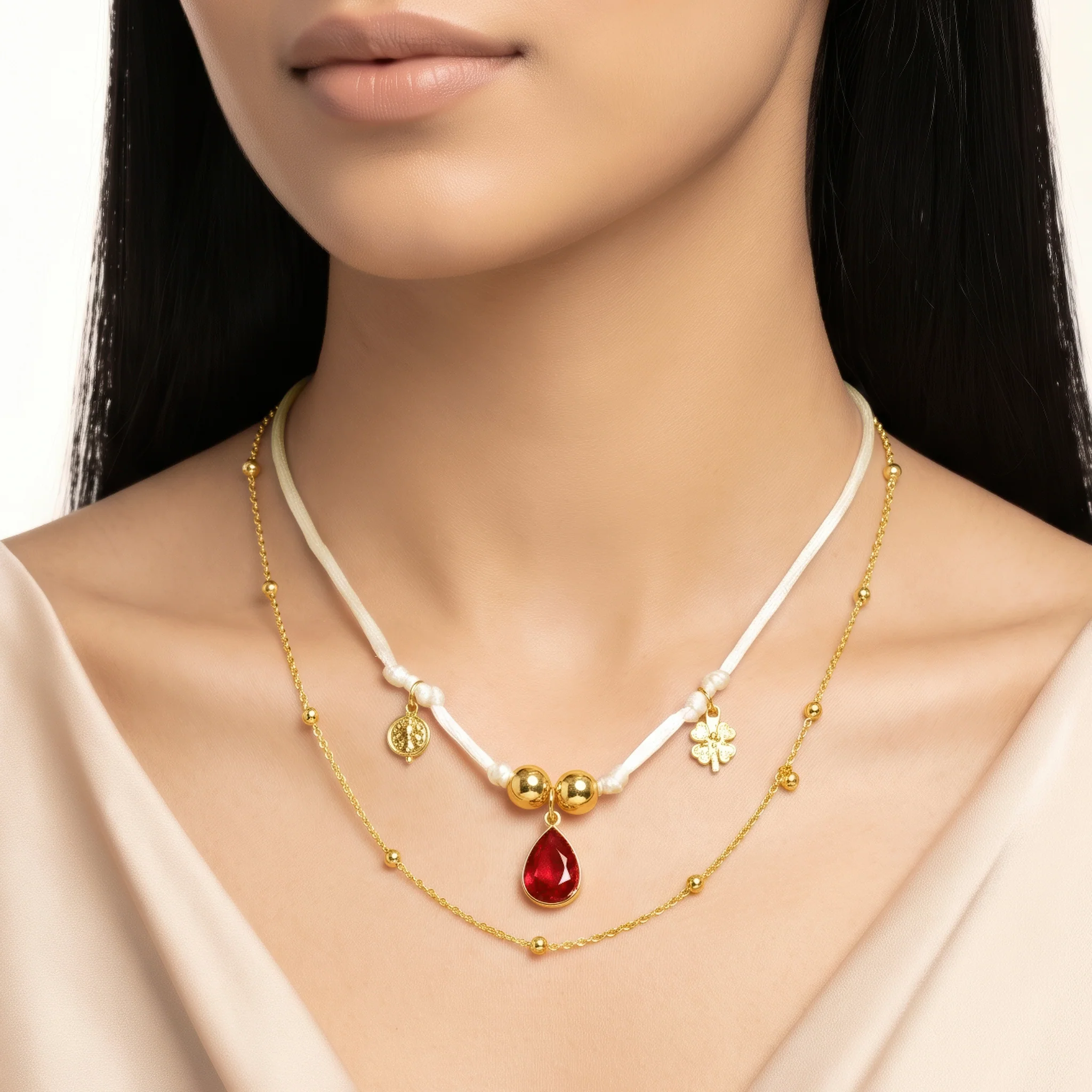 PRAO Necklace Anti-Tarnish White Cord Layered Chain - Image 3