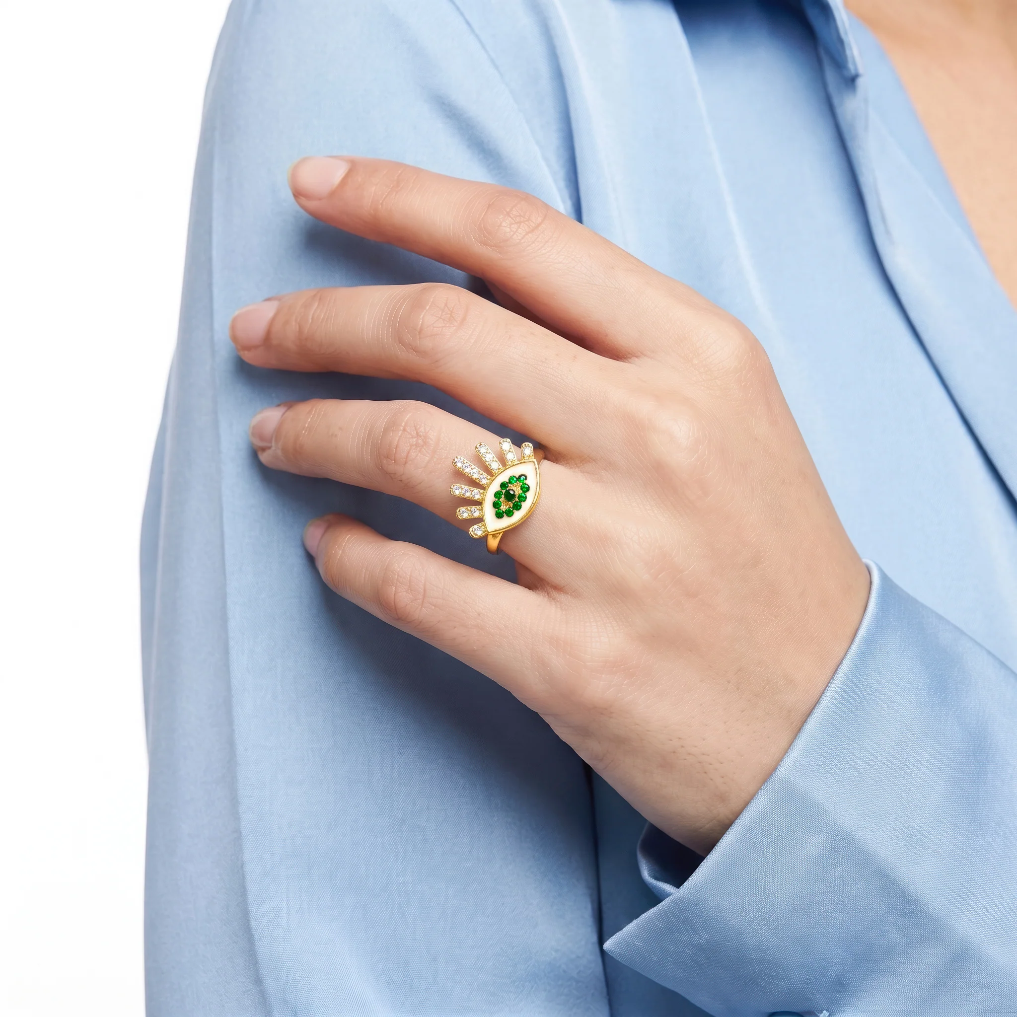 PRAO Ring Anti-Tarnish Evil Eye Green (Adjustable Size) - Image 3