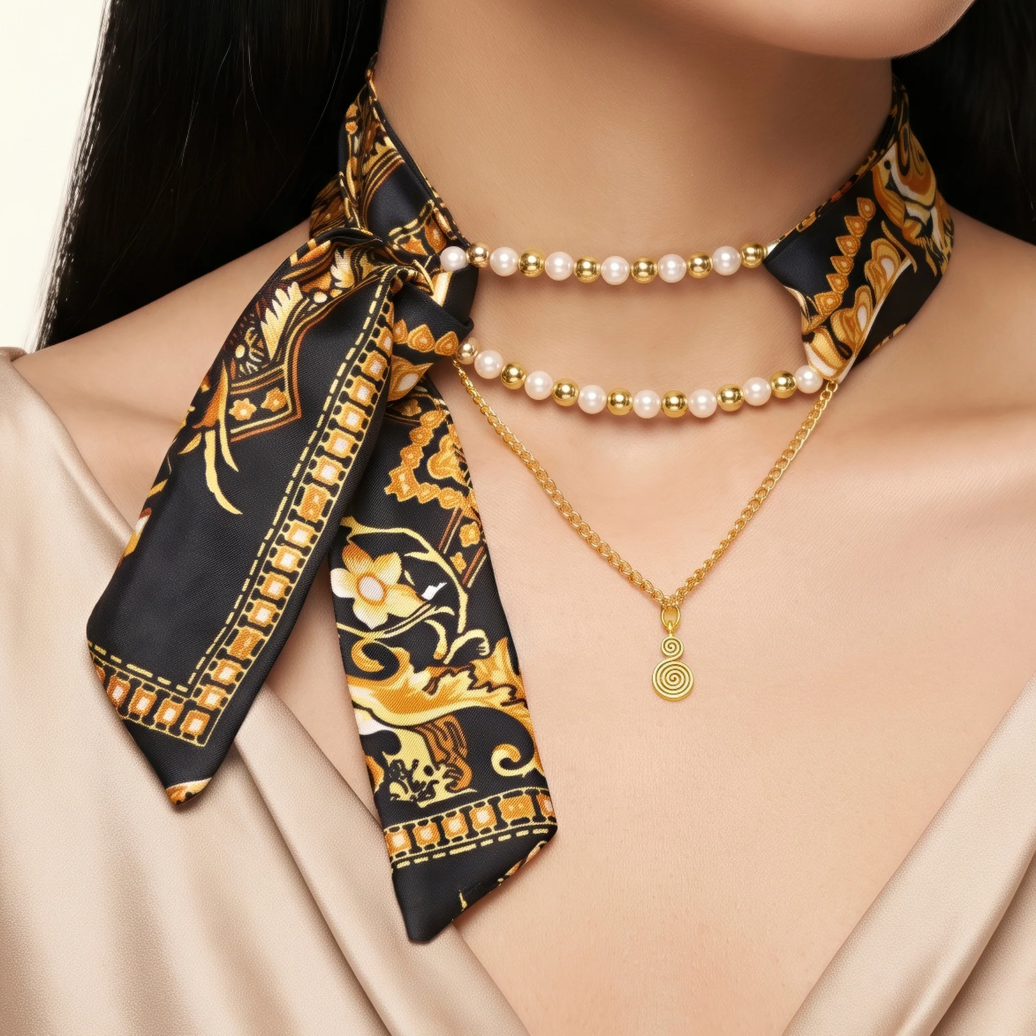 PRAO Necklace Anti-Tarnish Pearl Spiral Scarf