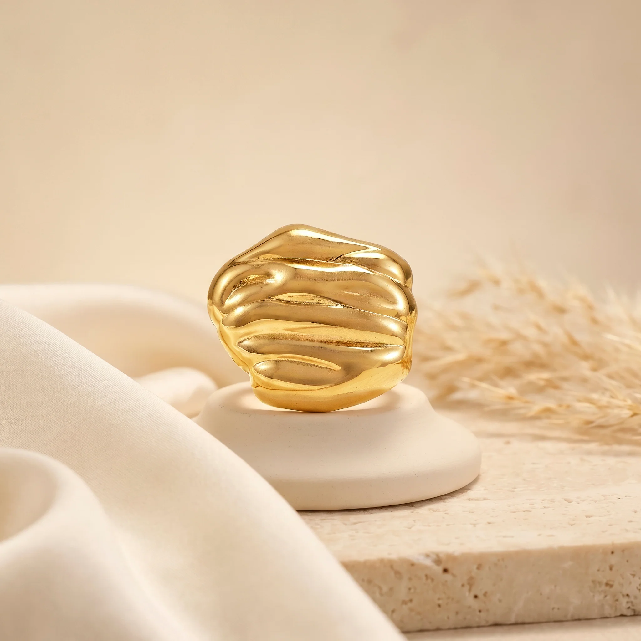 PRAO Ring Anti-Tarnish Rippled Irregular Silhouette (Adjustable Size) - Image 3