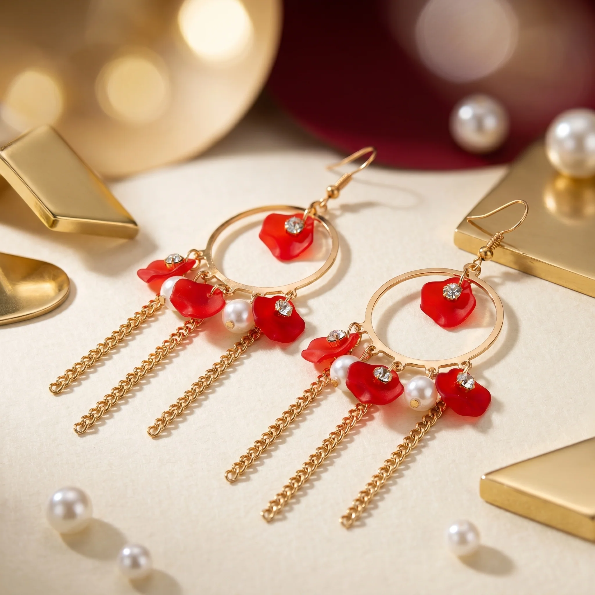 PRAO Earrings Anti-Tarnish Hoops With Resin Petals Pearls - Image 4