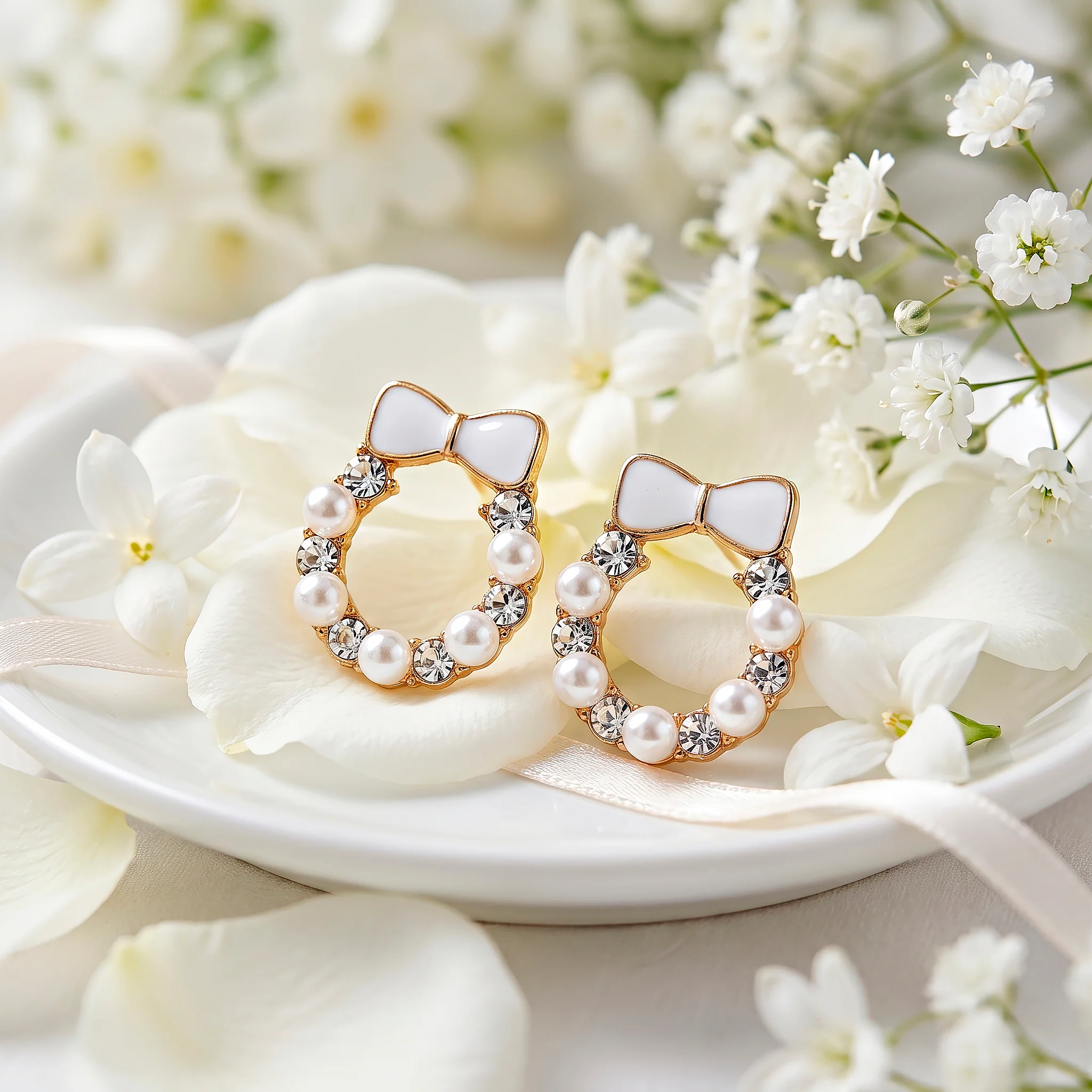 PRAO Earrings Anti-Tarnish Wreath Mini Studs With White Enamel & Faux Pearl - Image 4