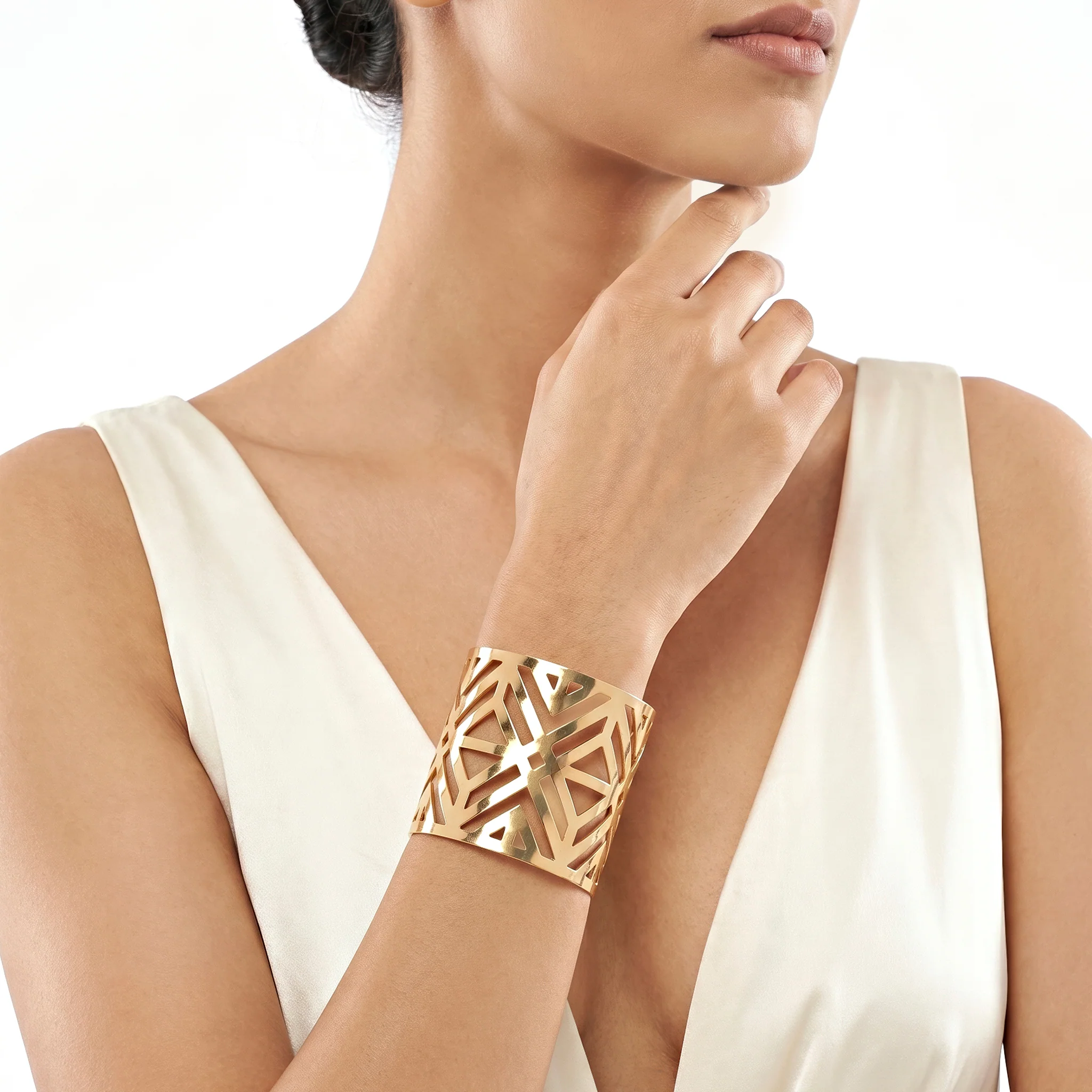 PRAO Bracelet Anti-Tarnish Wide Cuff With Open-Work Triangles (Adjustable Size) - Image 2