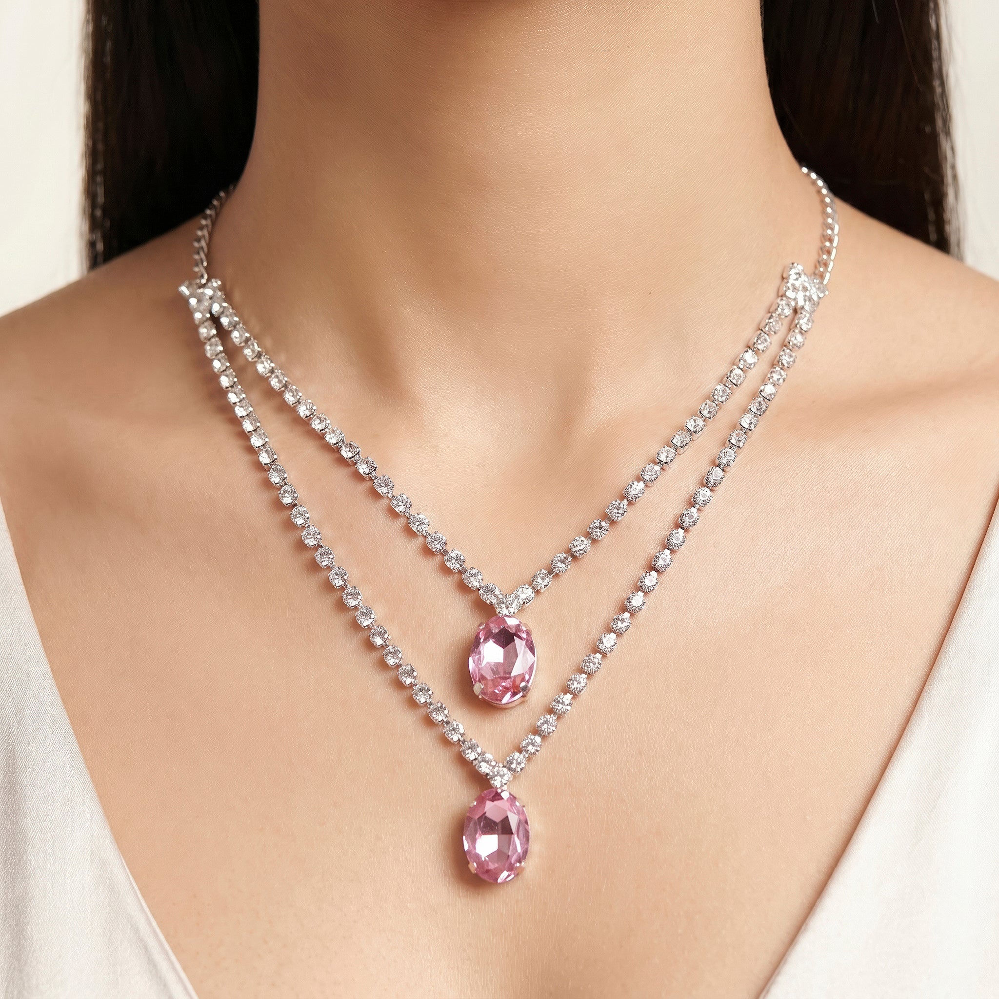 PRAO Necklace Anti-Tarnish Vintage Rose Oval Crystal Double-Layer Set With Earrings - Image 2