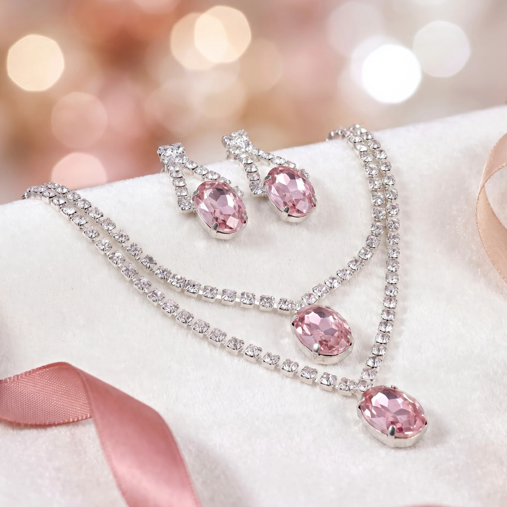 PRAO Necklace Anti-Tarnish Vintage Rose Oval Crystal Double-Layer Set With Earrings - Image 4