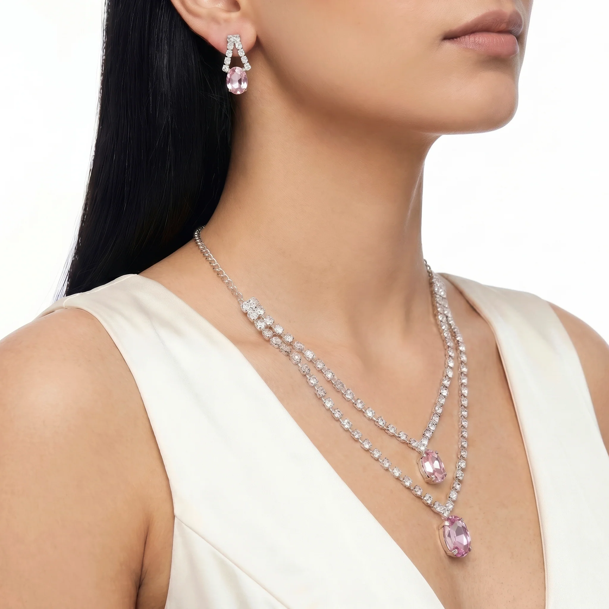 PRAO Necklace Anti-Tarnish Vintage Rose Oval Crystal Double-Layer Set With Earrings - Image 5