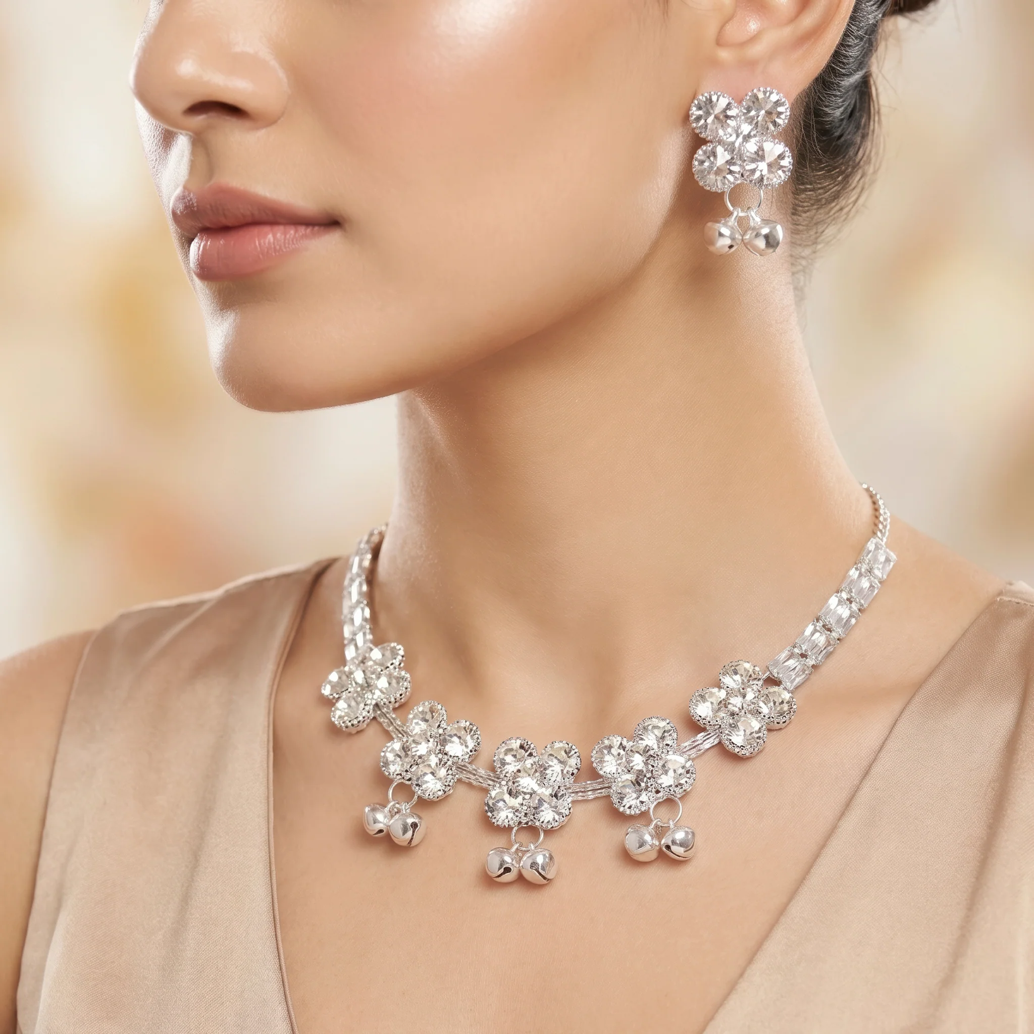 PRAO Necklace Anti-Tarnish Floral Cluster Set With Earrings