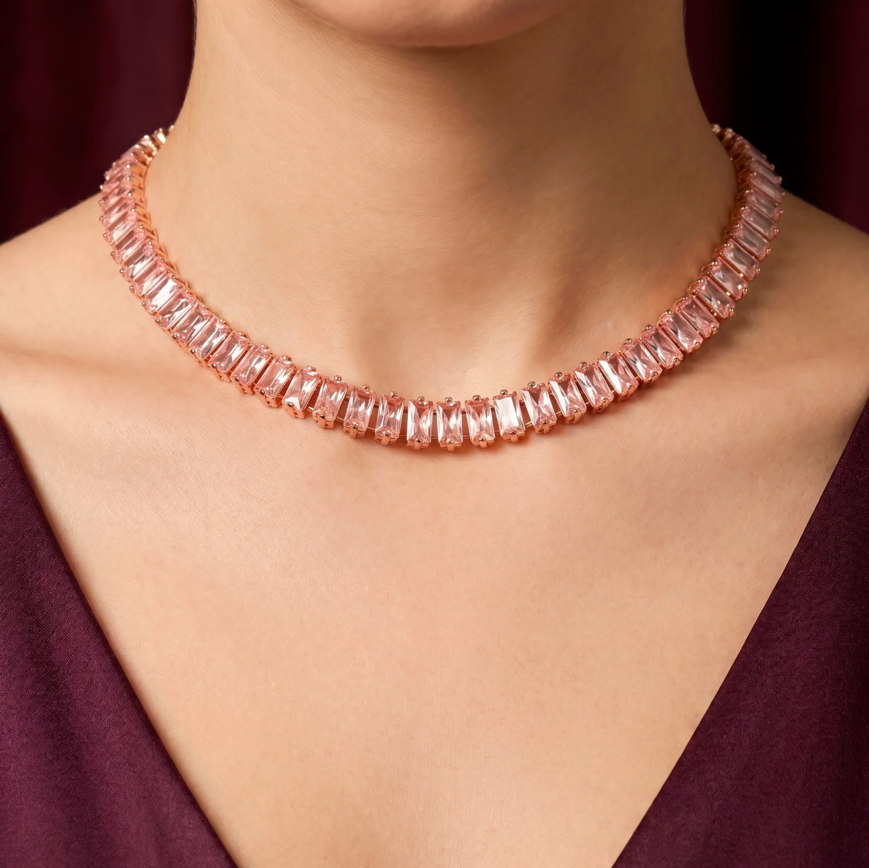 PRAO Necklace Anti-Tarnish Baguette Crystal Tennis