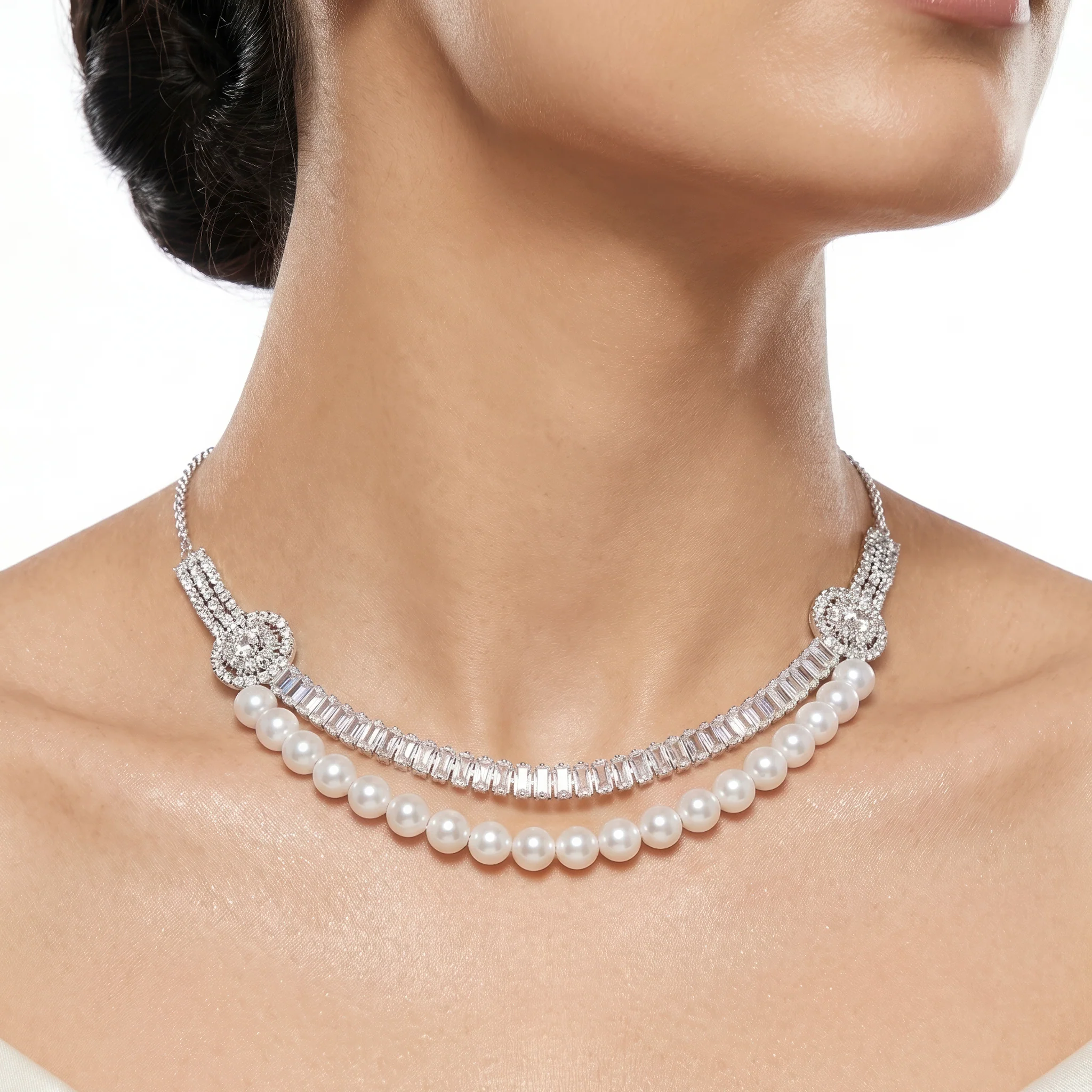 PRAO Necklace Anti-Tarnish Layered Pearl & Baguette Crystal Set With Earrings - Image 2
