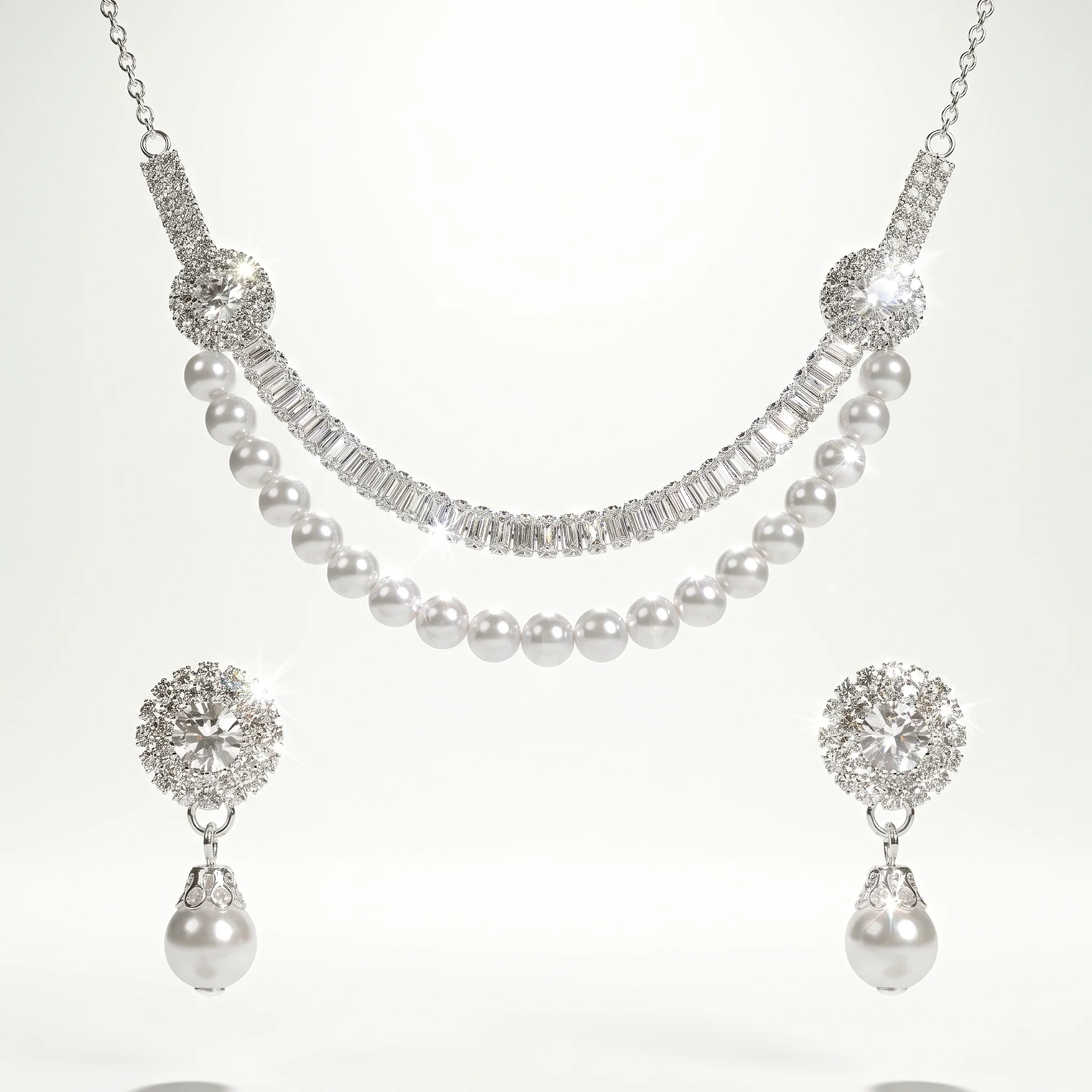 PRAO Necklace Anti-Tarnish Layered Pearl & Baguette Crystal Set With Earrings - Image 4