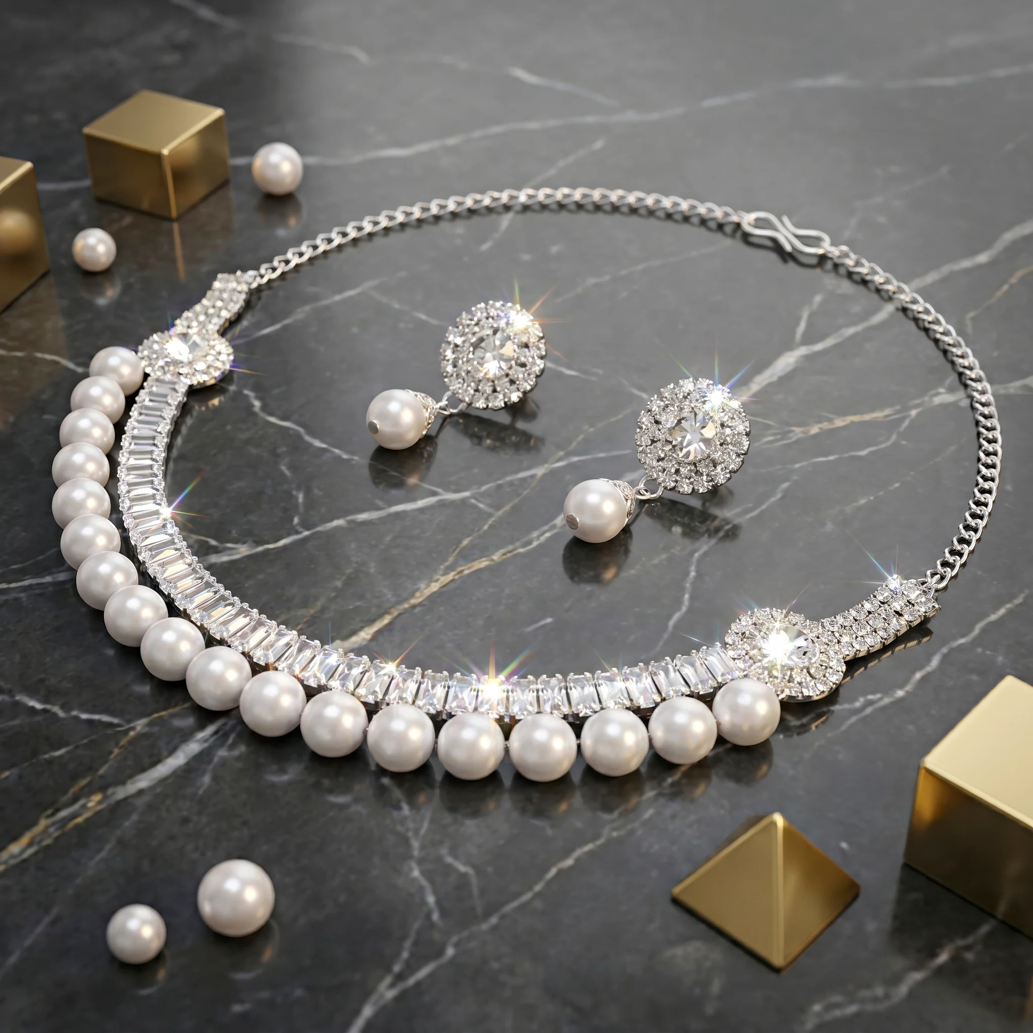 PRAO Necklace Anti-Tarnish Layered Pearl & Baguette Crystal Set With Earrings - Image 5