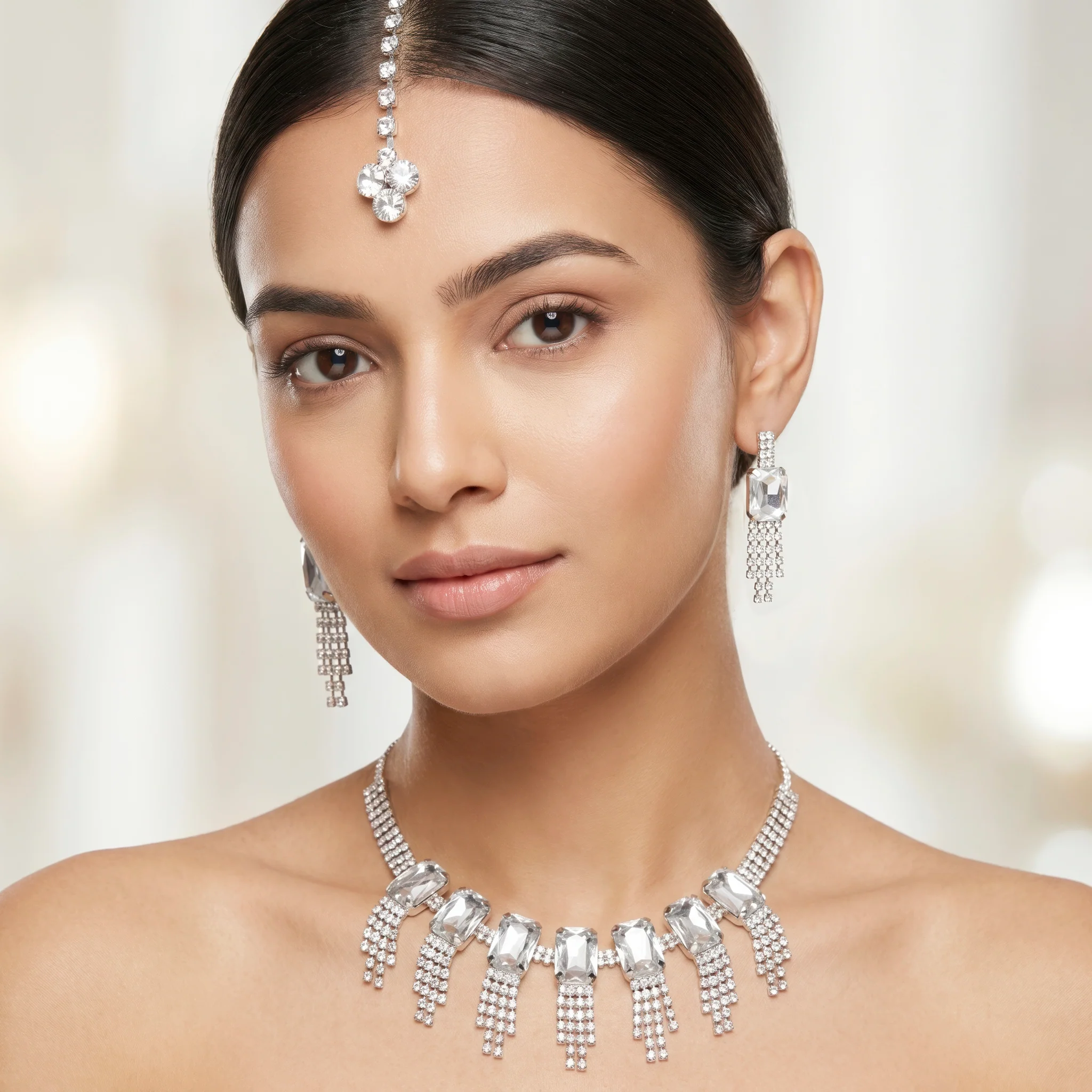 PRAO Necklace Anti-Tarnish Rectangle Crystal Fringe Set With Earrings