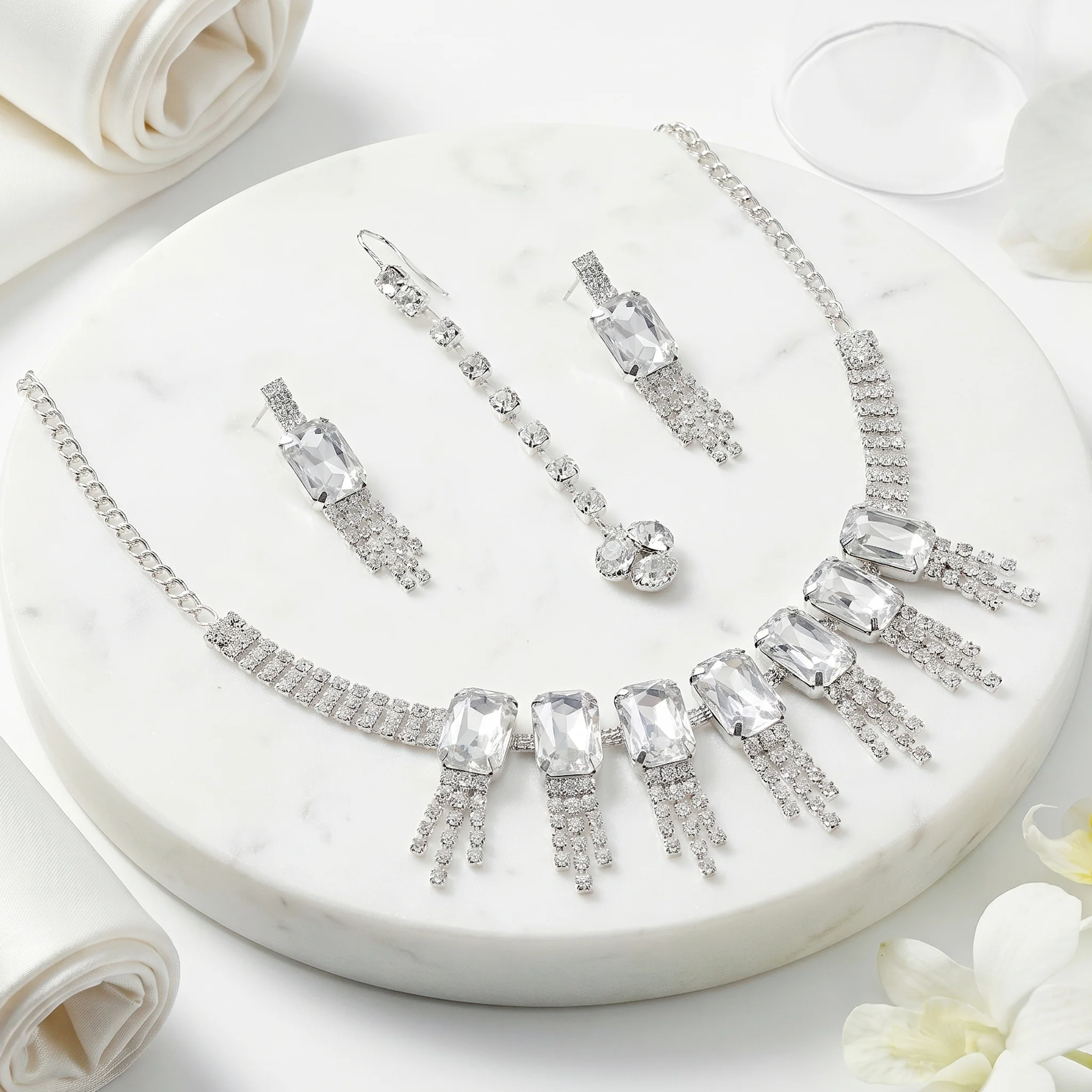 PRAO Necklace Anti-Tarnish Rectangle Crystal Fringe Set With Earrings - Image 6