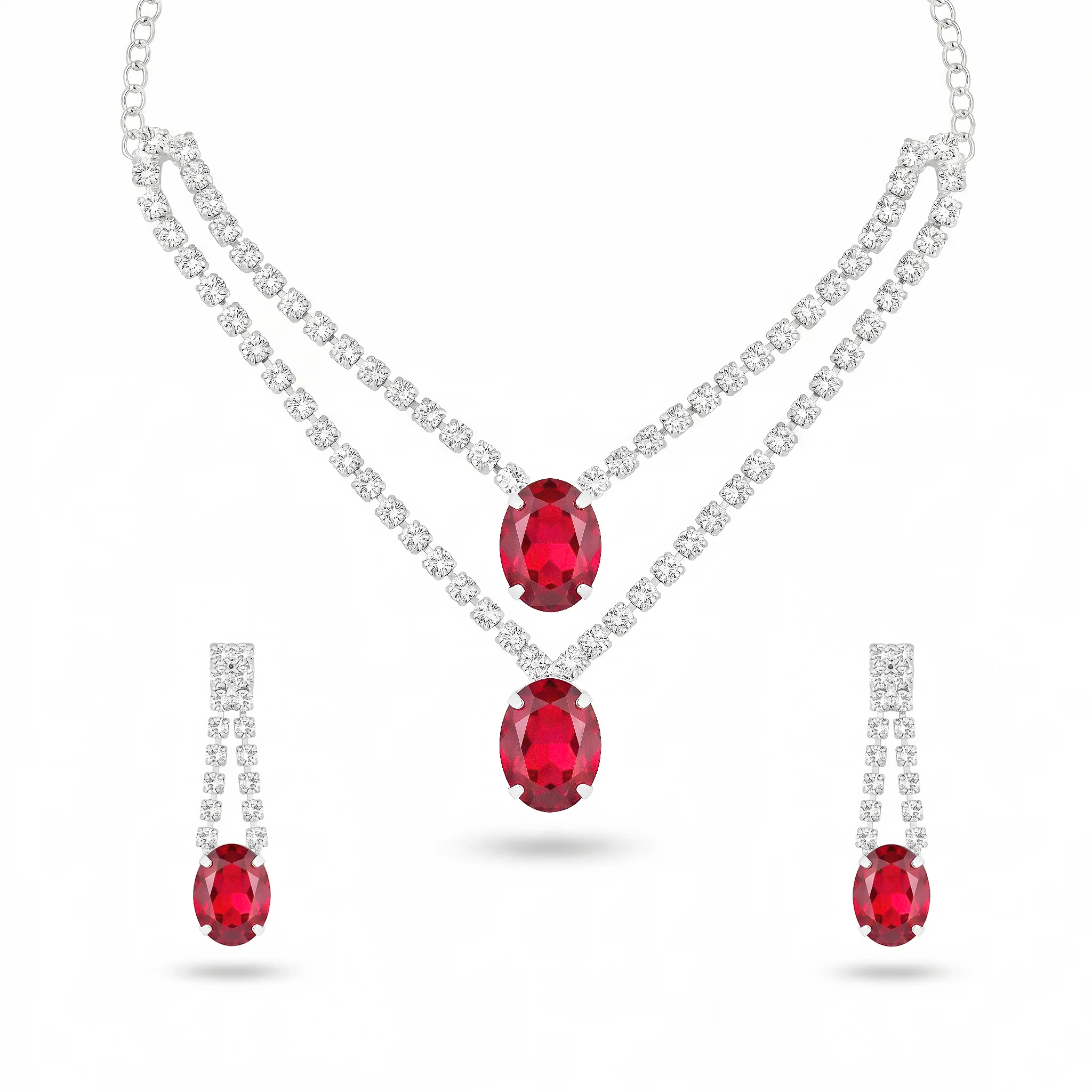 PRAO Necklace Anti-Tarnish Siam Red Oval Crystal Double-Layer Set With Earrings - Image 4
